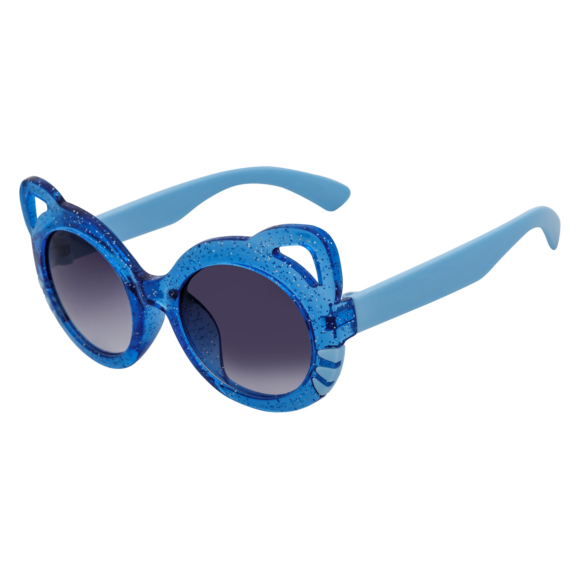 Blue glittery sunglasses with cat-eye design on a white background