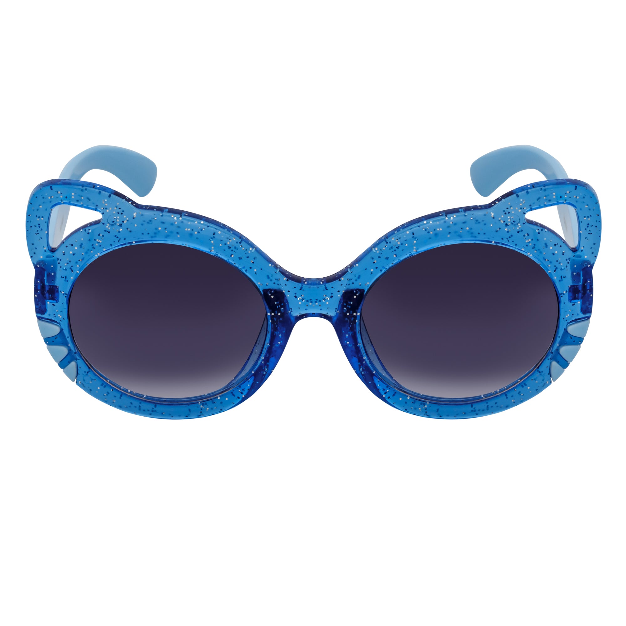 Blue glittery sunglasses with dark lenses on a white background