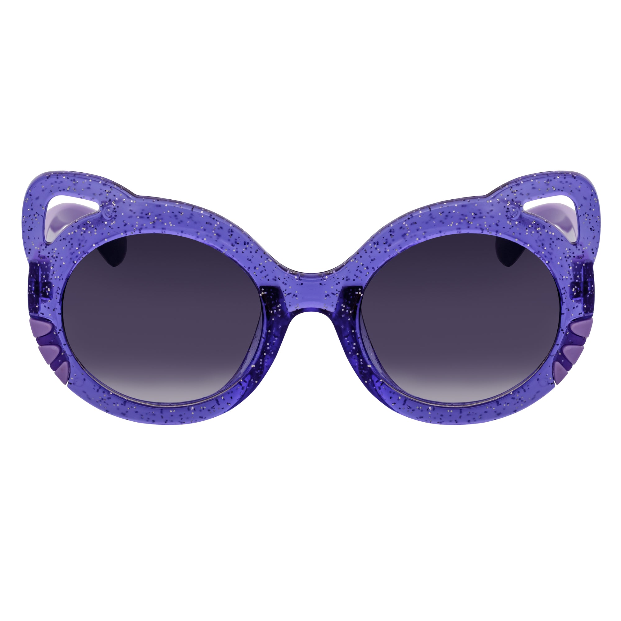 Purple glittery sunglasses with dark lenses on a white background