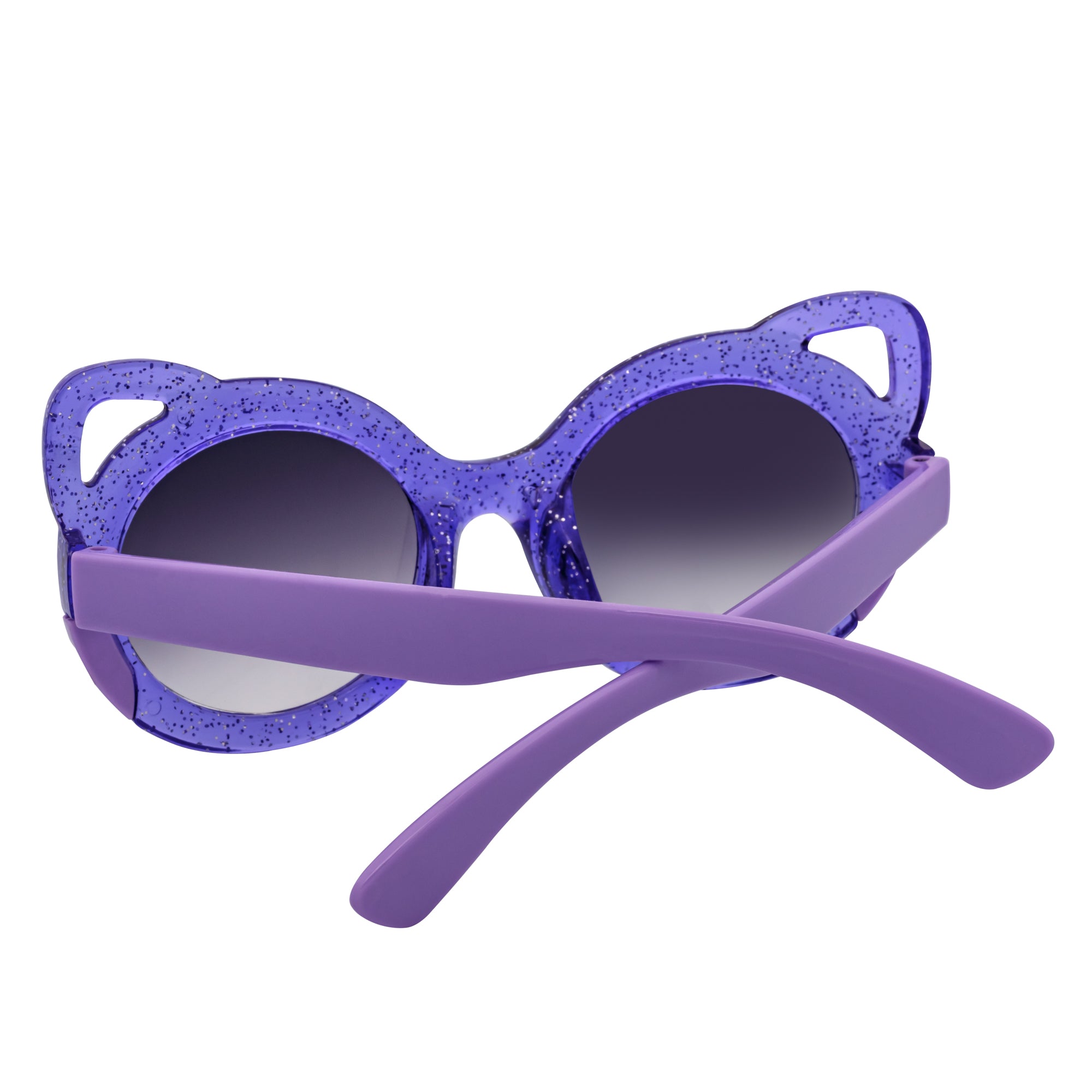 Purple cat-eye sunglasses with glittery frame on a white background