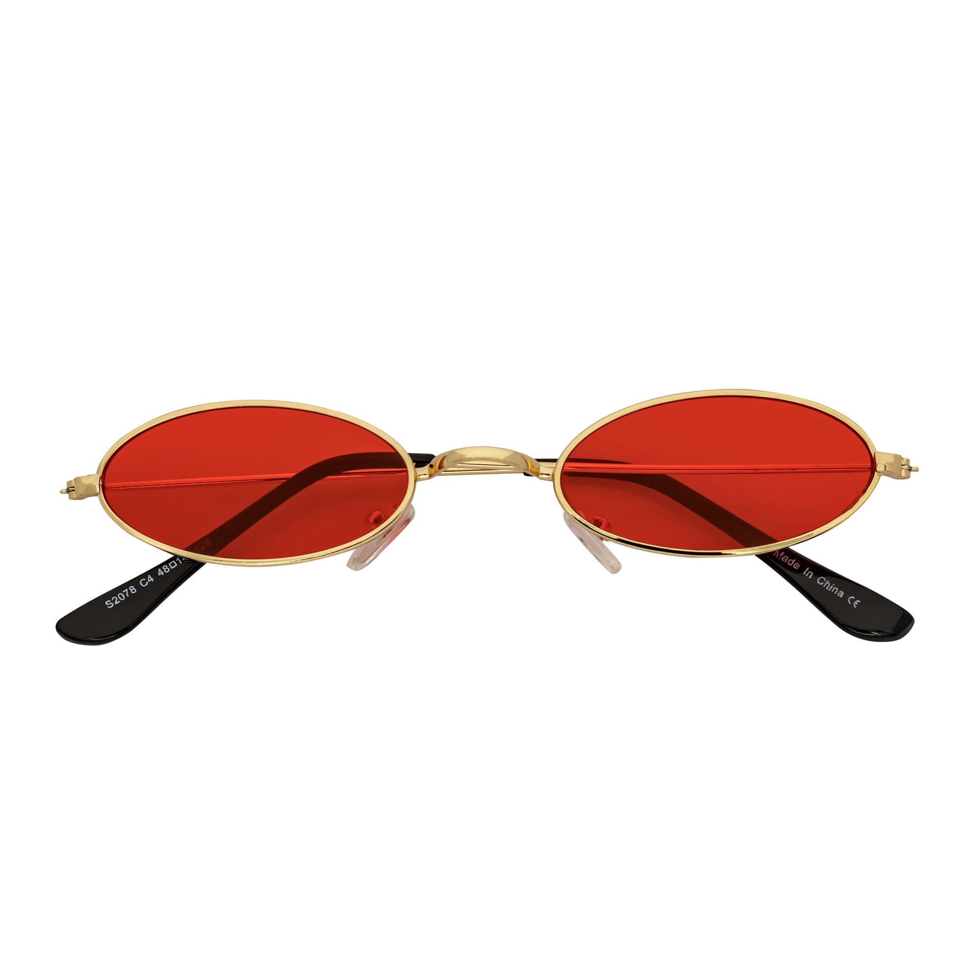 BECK - Retro Modern Small Metal Round Oval 90s Gold Sunglasses Red Lens