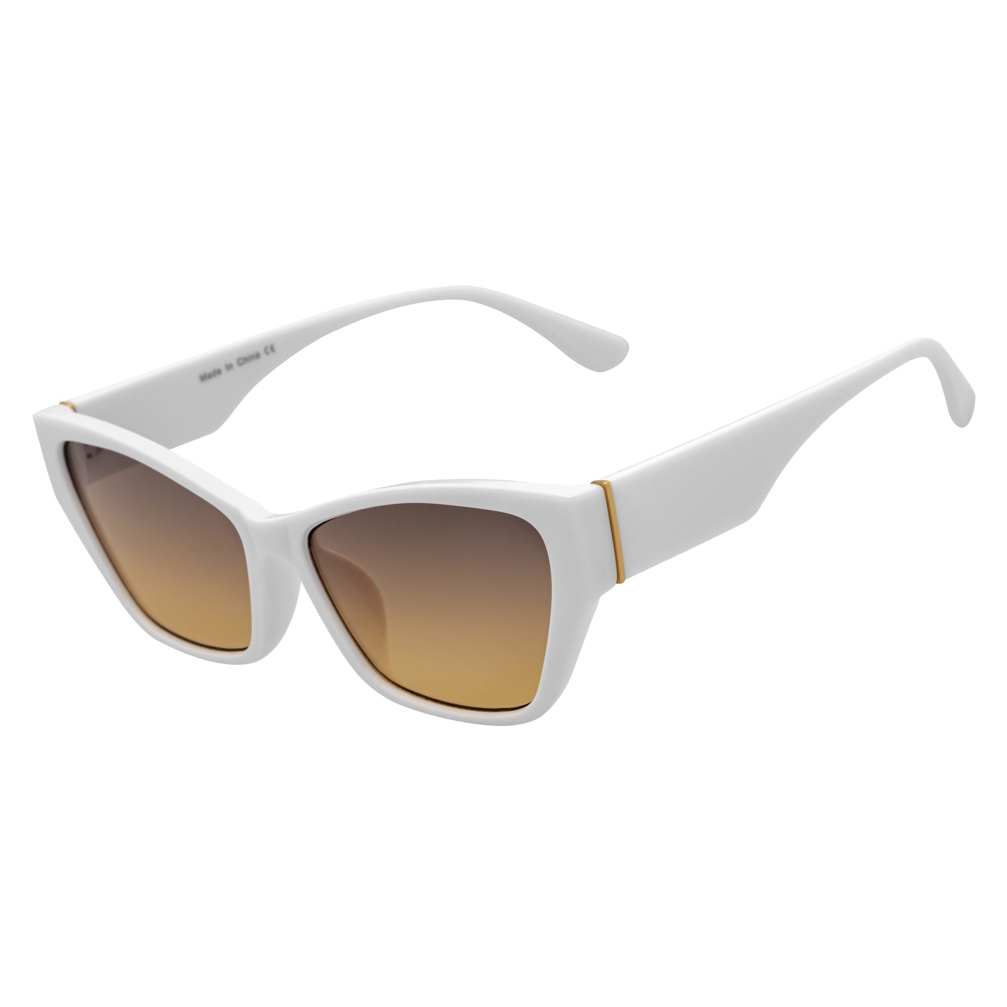 BIJOU - Modern Flat Temple Cat Eye White Sunglasses Amber Fade Lens