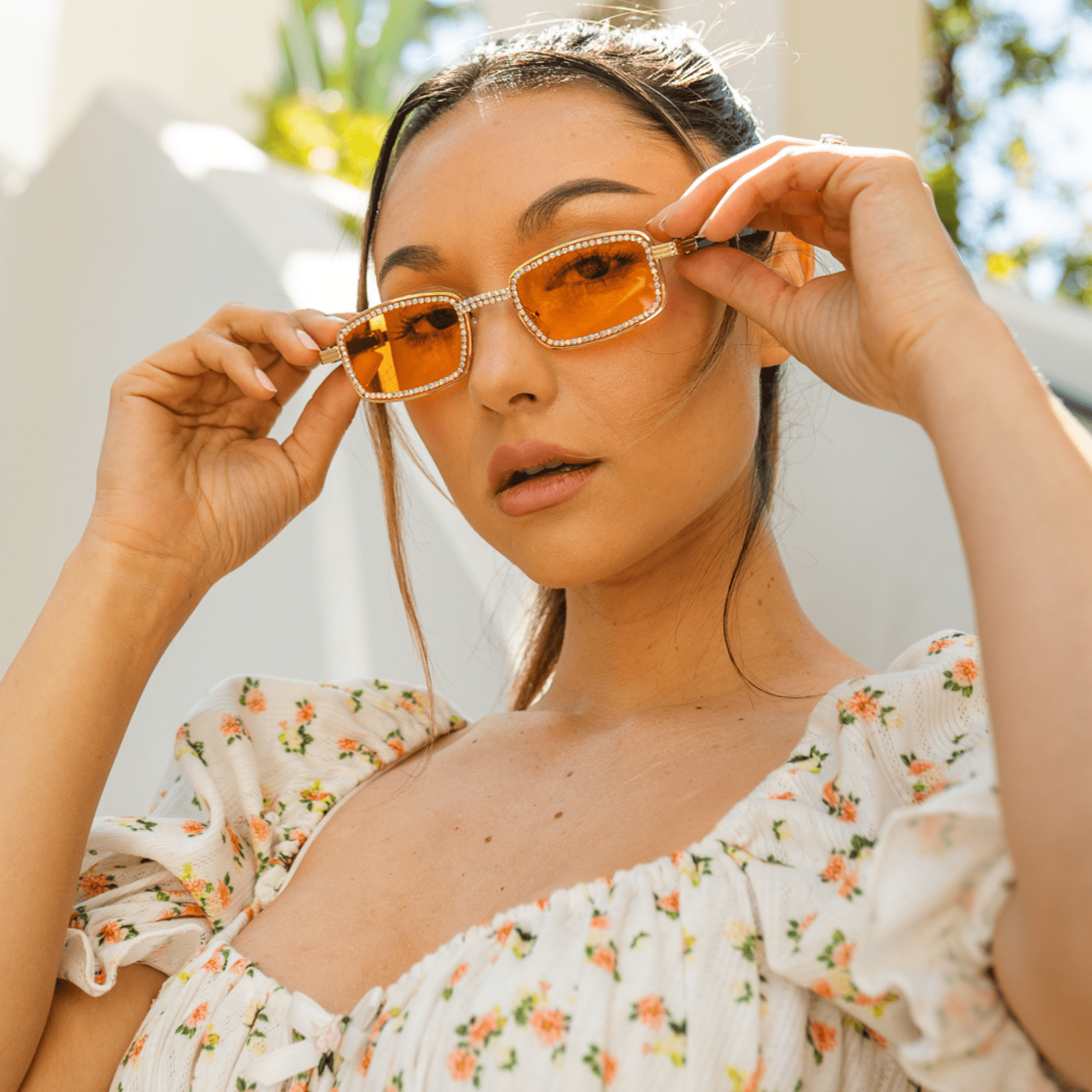 BLING TWO - Rhinestone Retro 90s Metal Rectangle Sunglasses Gold Orange Lens