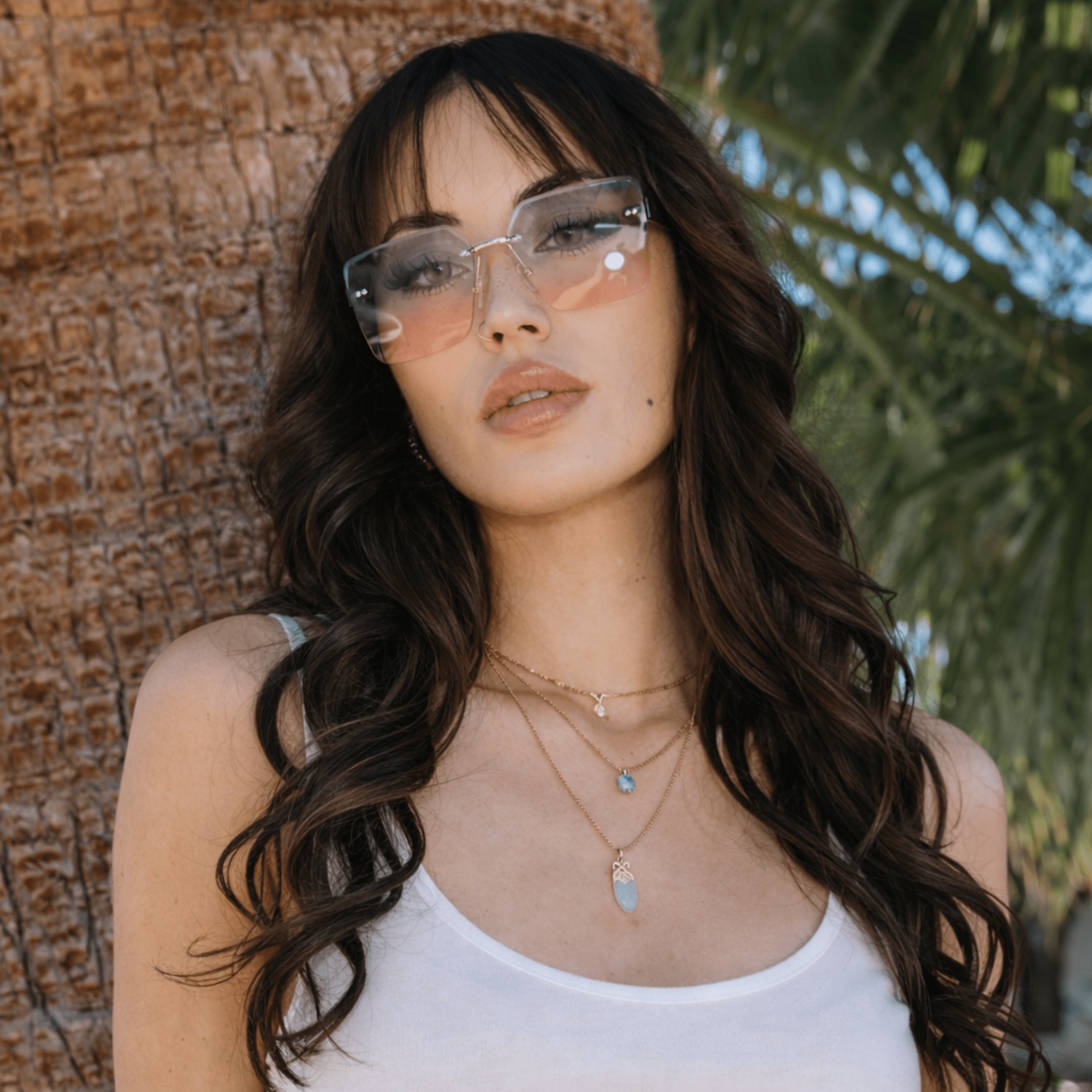 CASCADE - Rimless Oversize Square Sunglasses Black - Gold Blue - Pink Lens