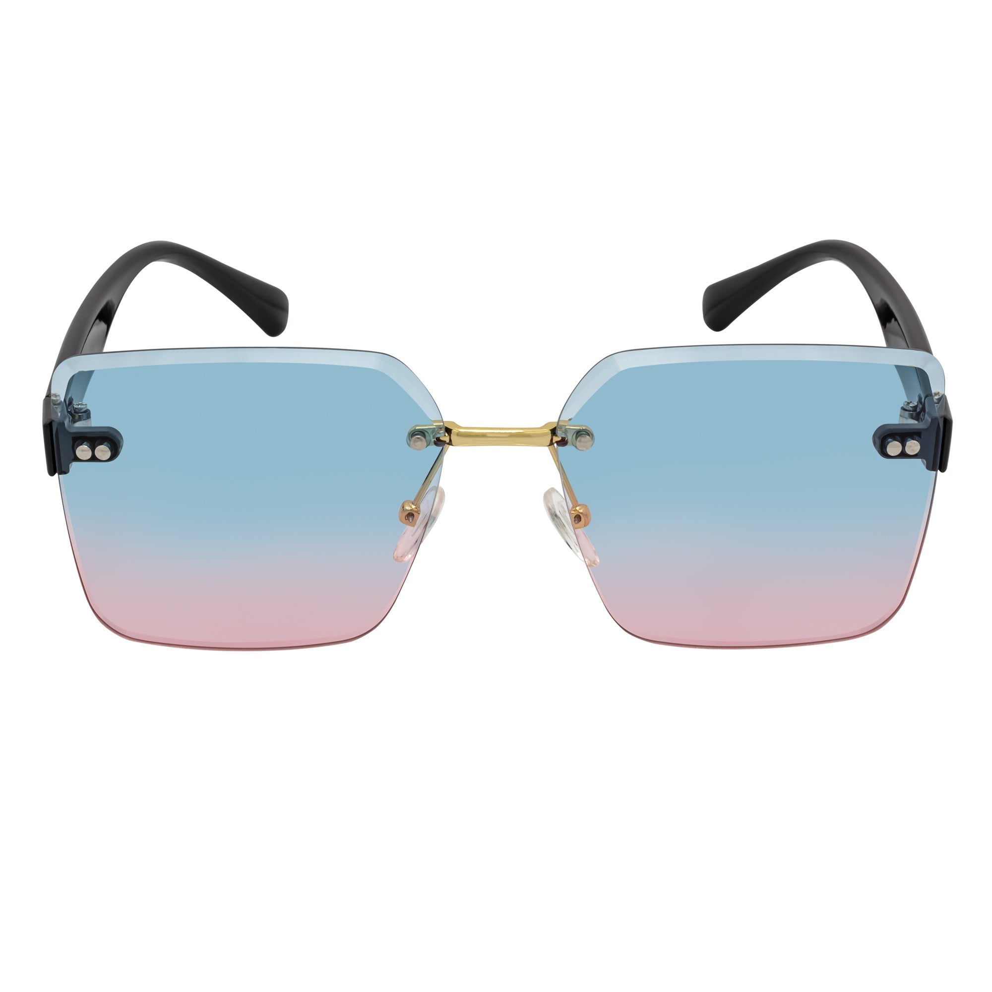 CASCADE - Rimless Oversize Square Sunglasses Black - Gold Blue - Pink Lens