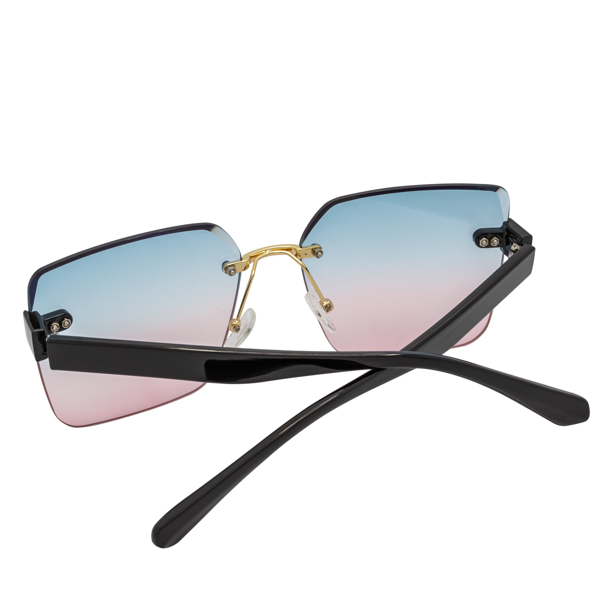 CASCADE - Rimless Oversize Square Sunglasses Black - Gold Blue - Pink Lens
