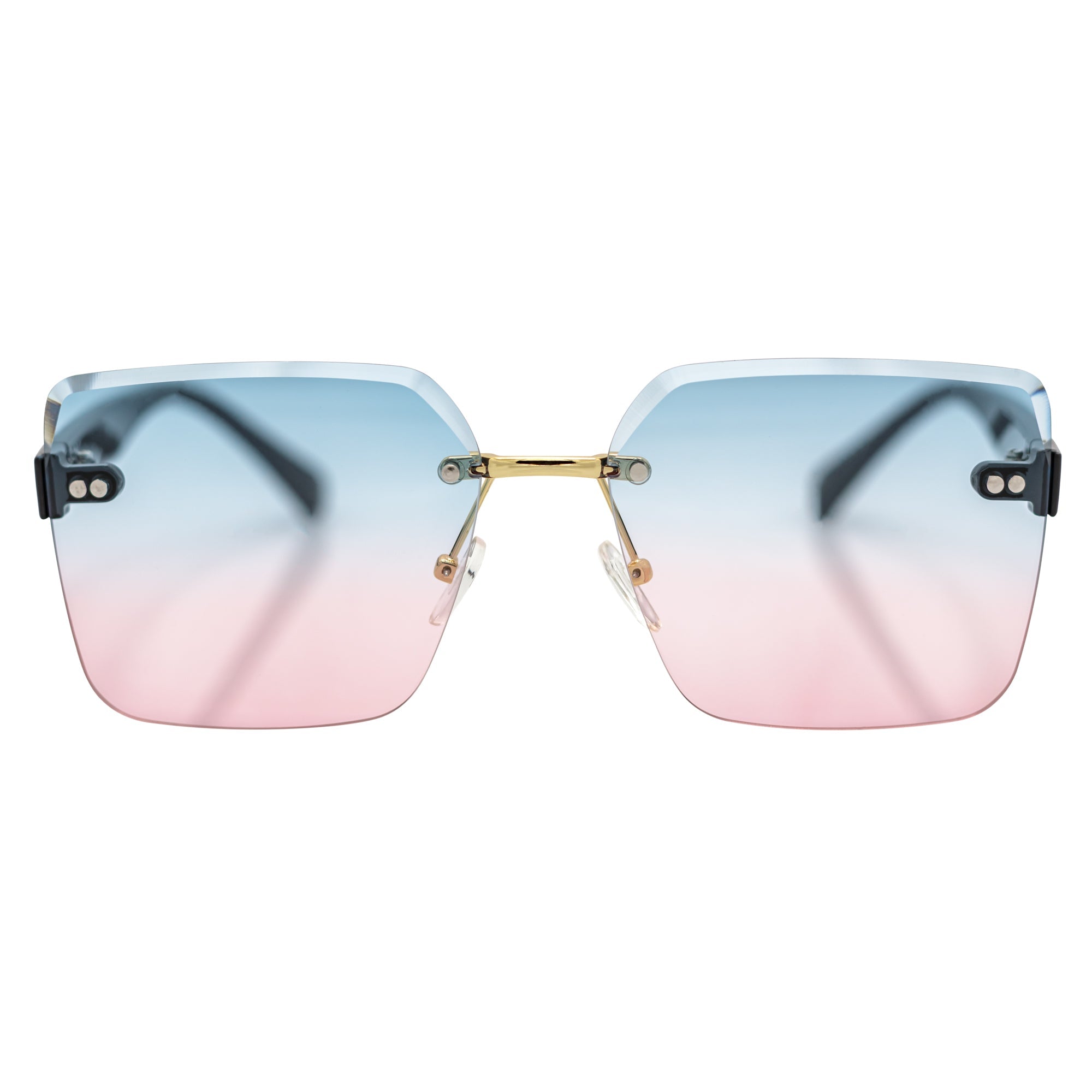 CASCADE - Rimless Oversize Square Sunglasses Black - Gold Blue - Pink Lens