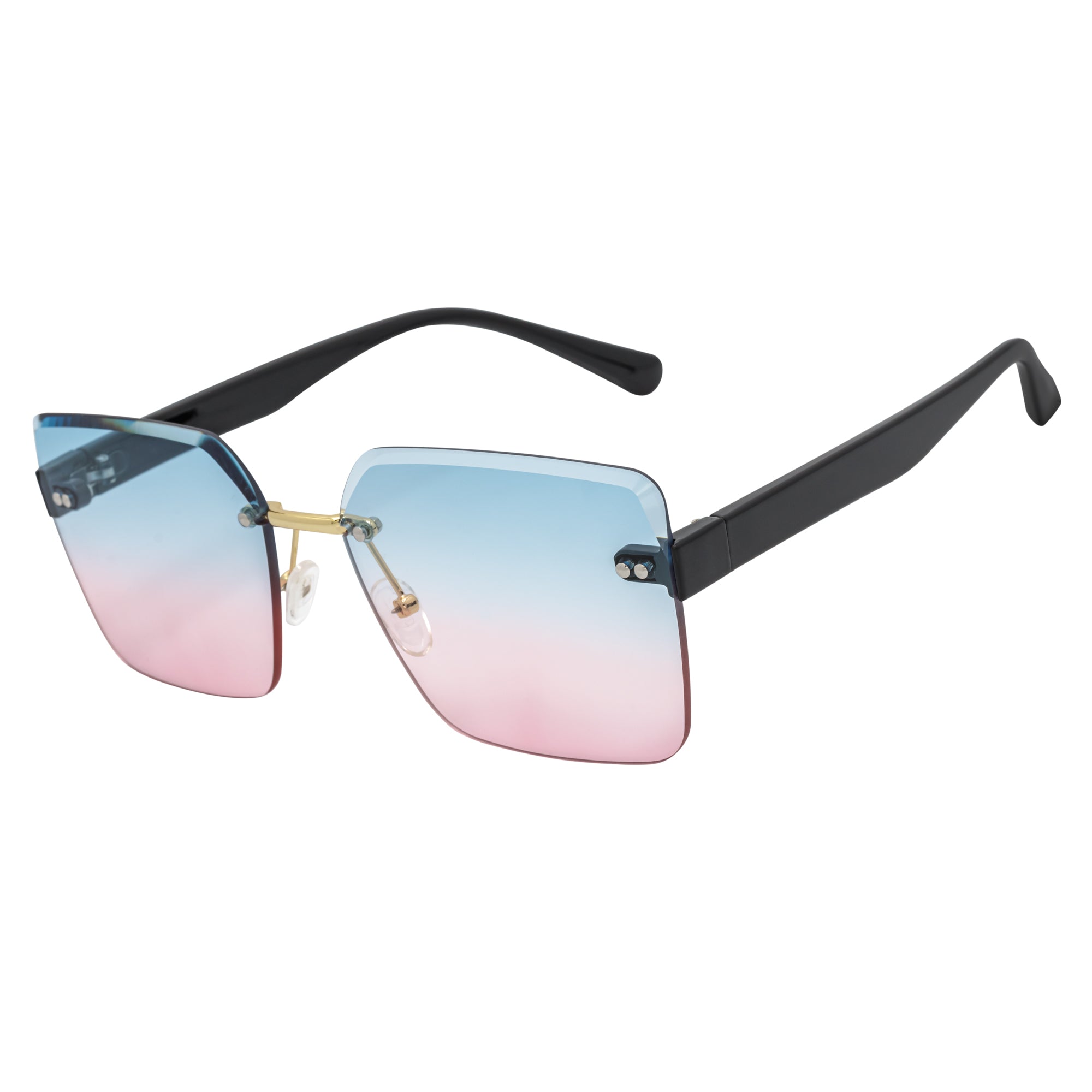 CASCADE - Rimless Oversize Square Sunglasses Black - Gold Blue - Pink Lens