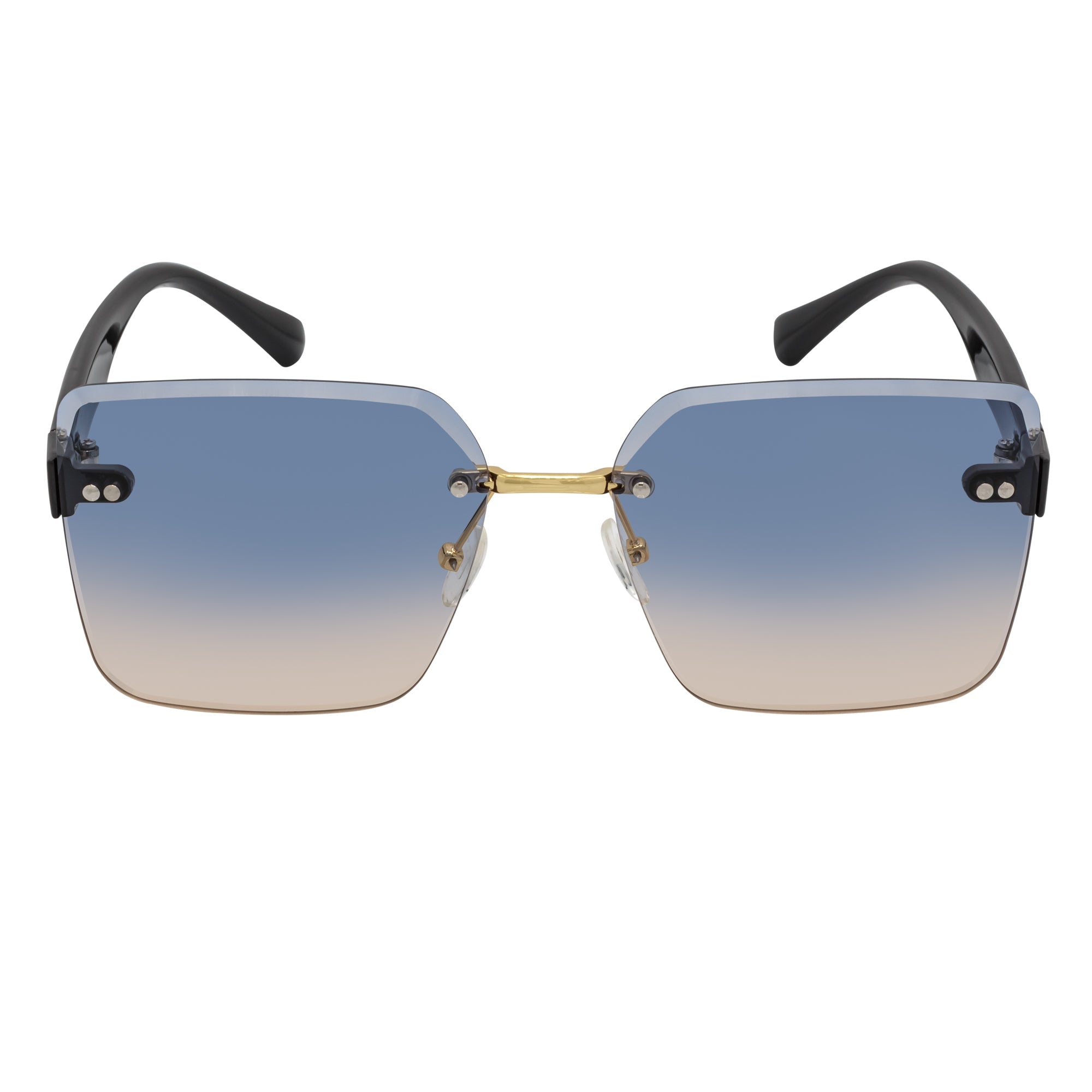 CASCADE - Rimless Oversize Square Sunglasses Black - Gold Blue - Tan Lens
