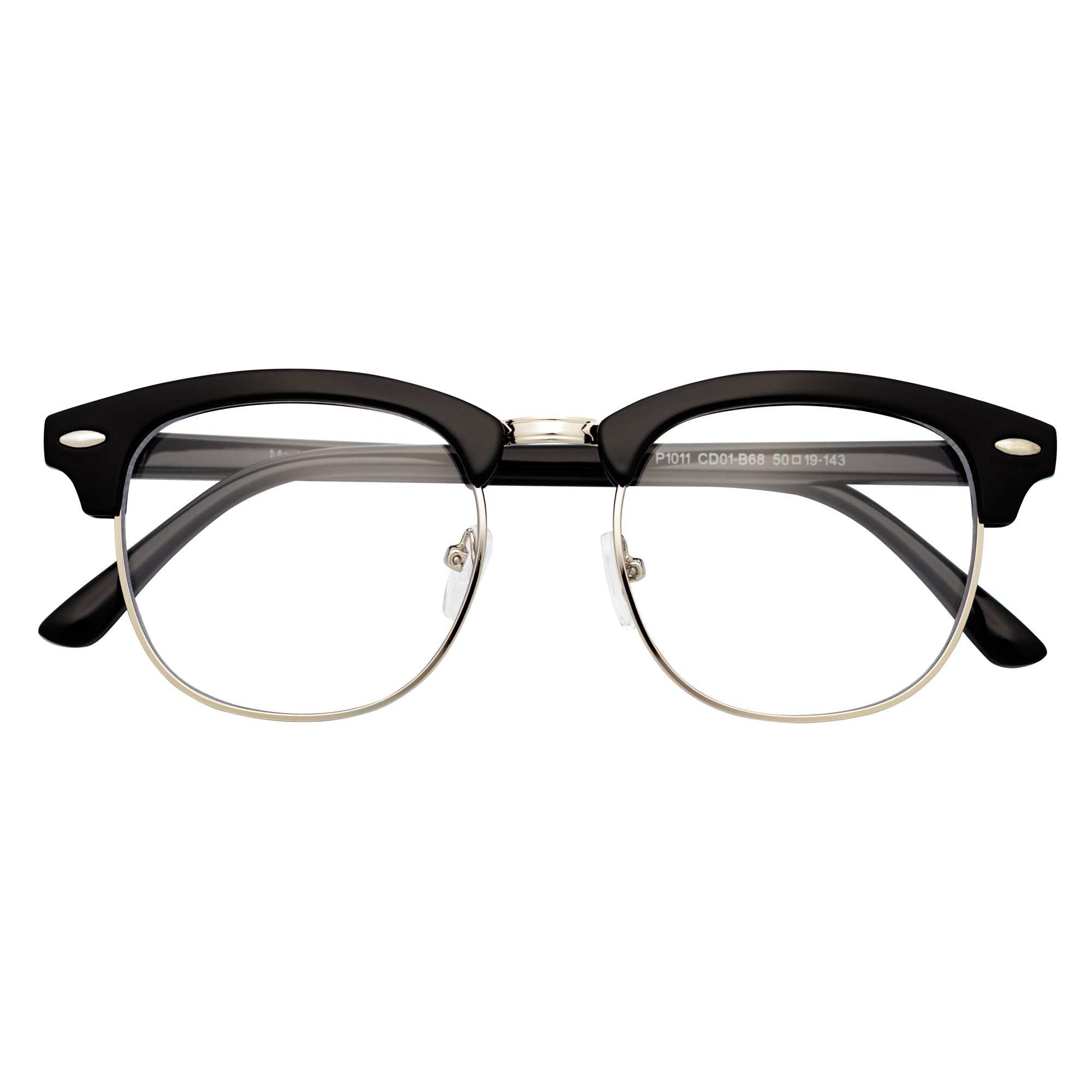 COUNTRY CLUB - Half Frame Horn Rimmed Clear Lens Glasses Black Silver