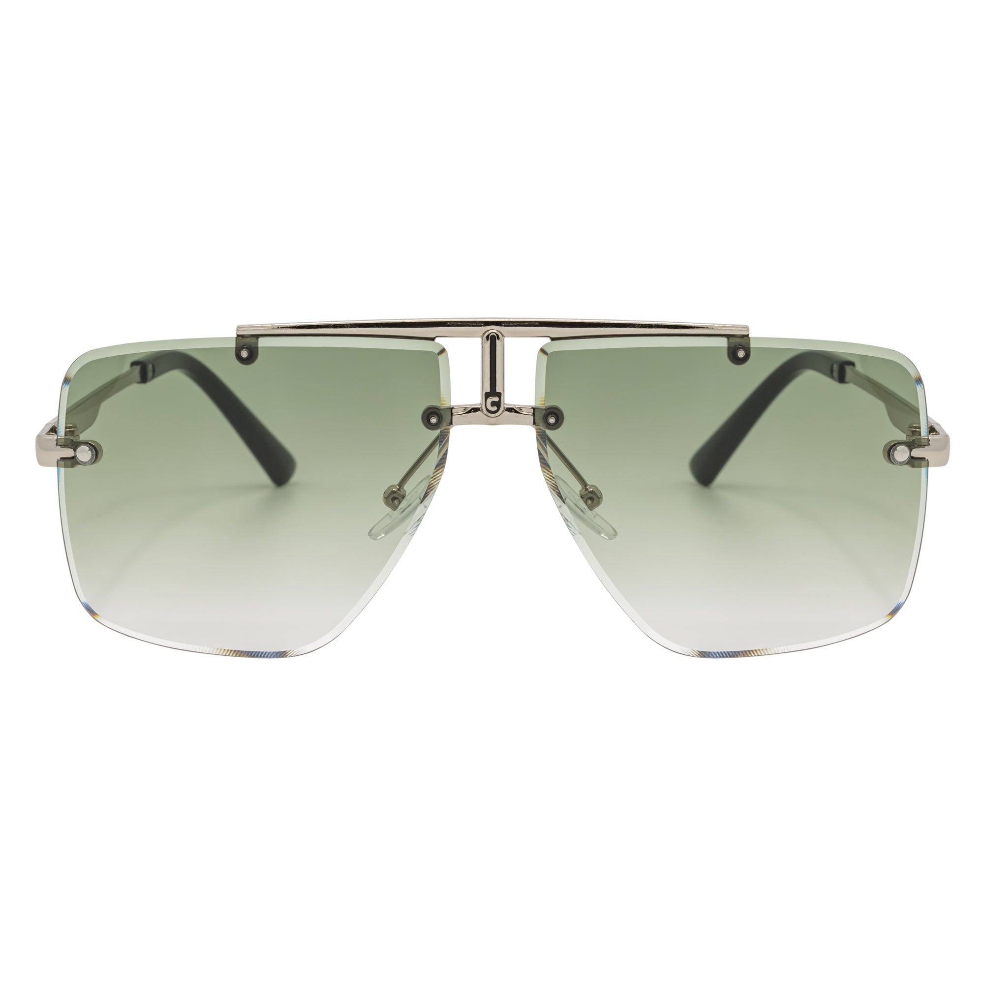 DIRECTOR - Rimless Metal Flat Top Aviator Sunglasses Silver Green Fade Lens