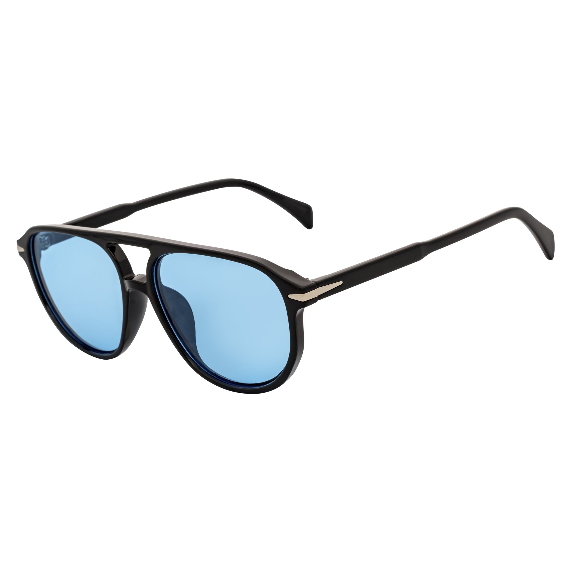 EPOCH - Classic Flat Top Plastic Aviator Black Sunglasses Blue Tint Lens