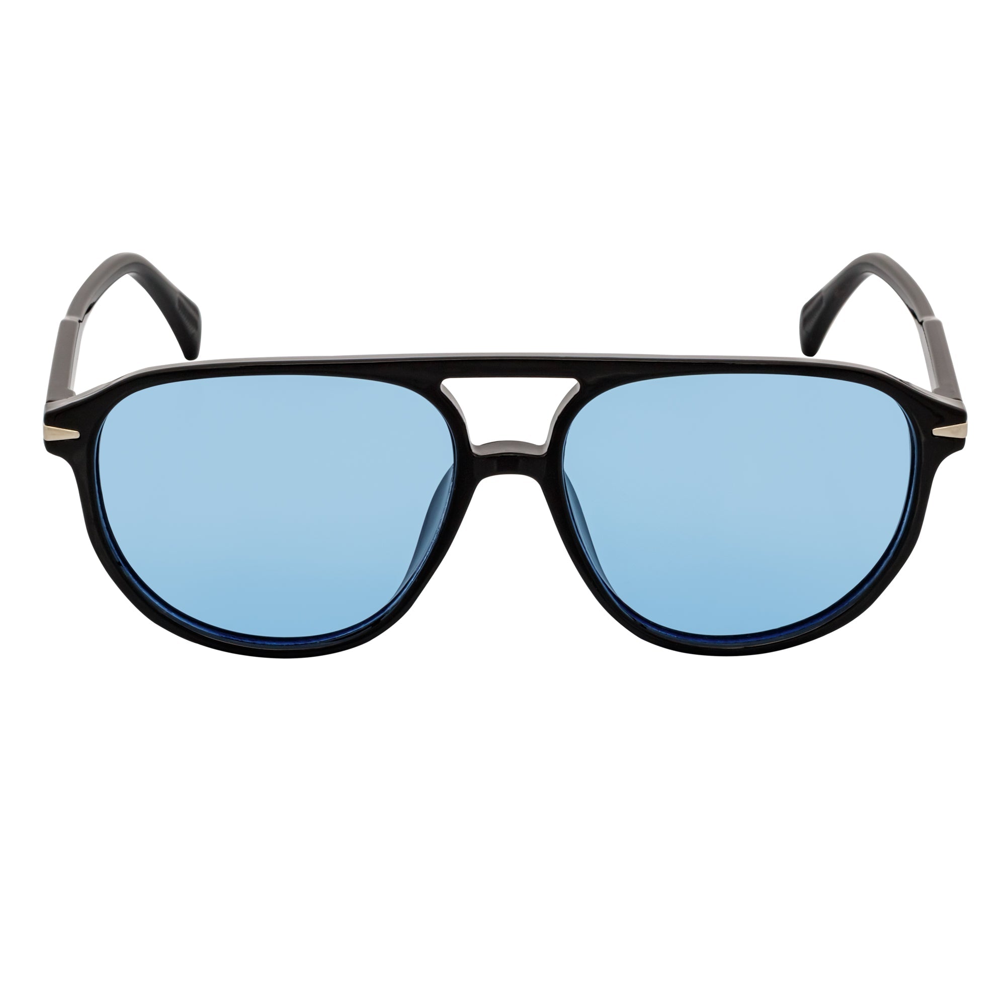 EPOCH - Classic Flat Top Plastic Aviator Black Sunglasses Blue Tint Lens