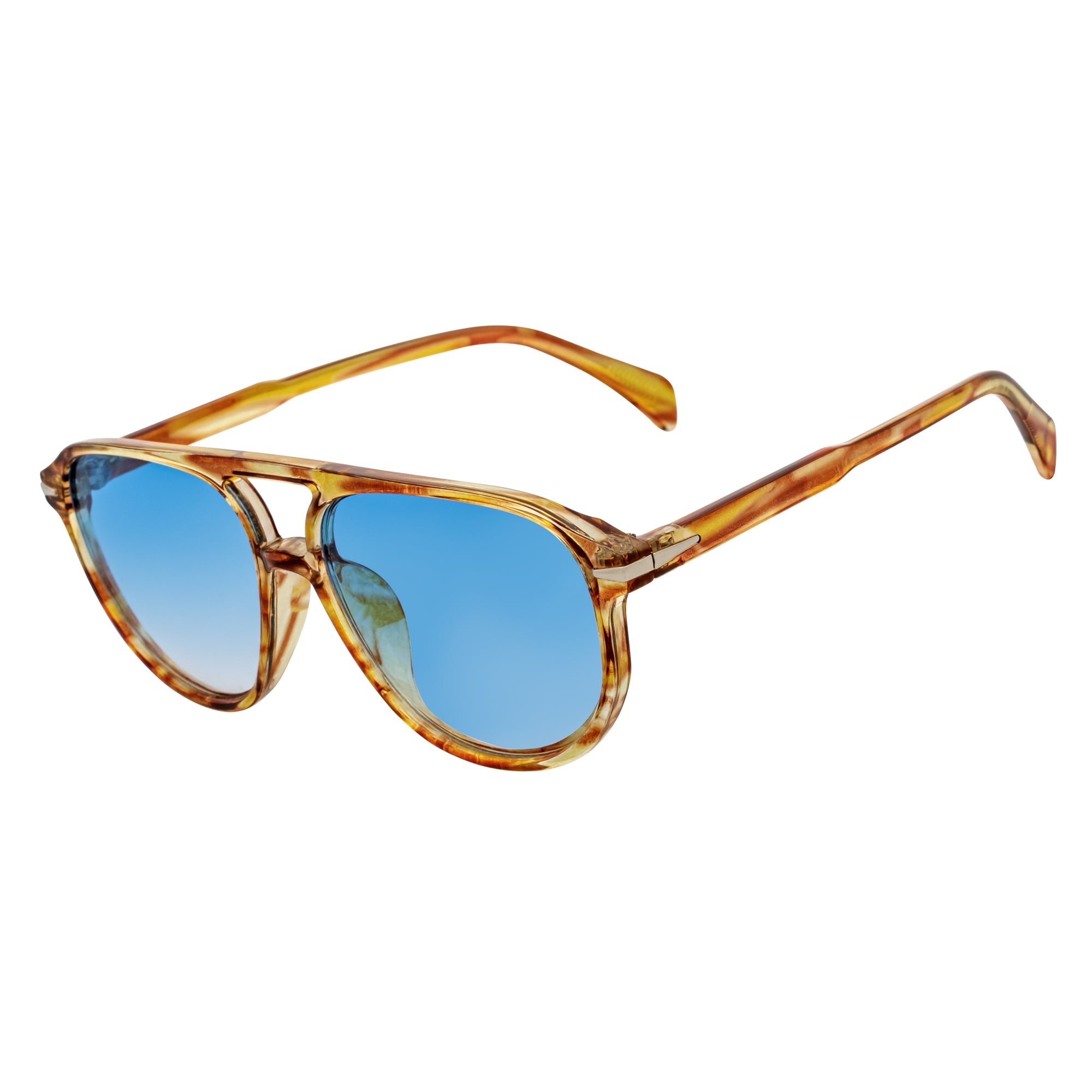 EPOCH - Classic Flat Top Plastic Aviator Havana Sunglasses Blue Tint Lens