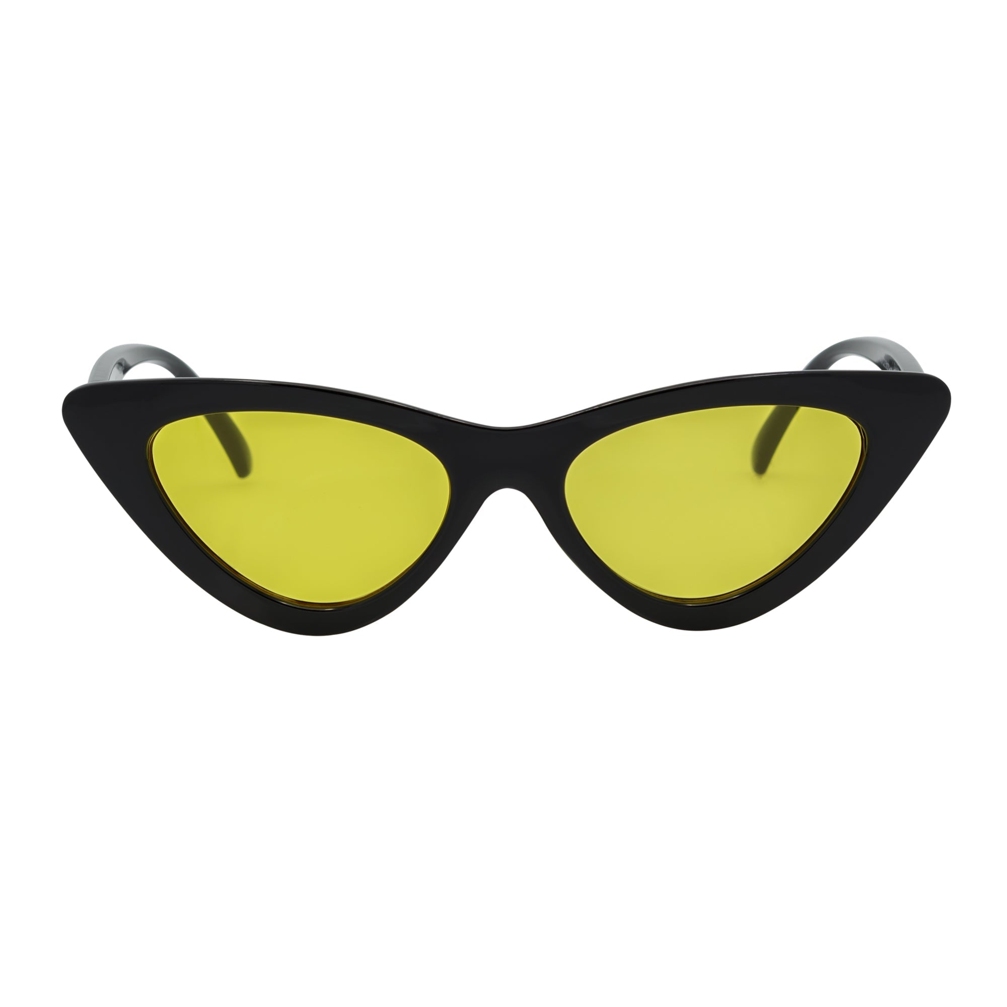 FELINE - Thick Oval Retro Small Cat Eye Sunglasses Black Yellow Tint