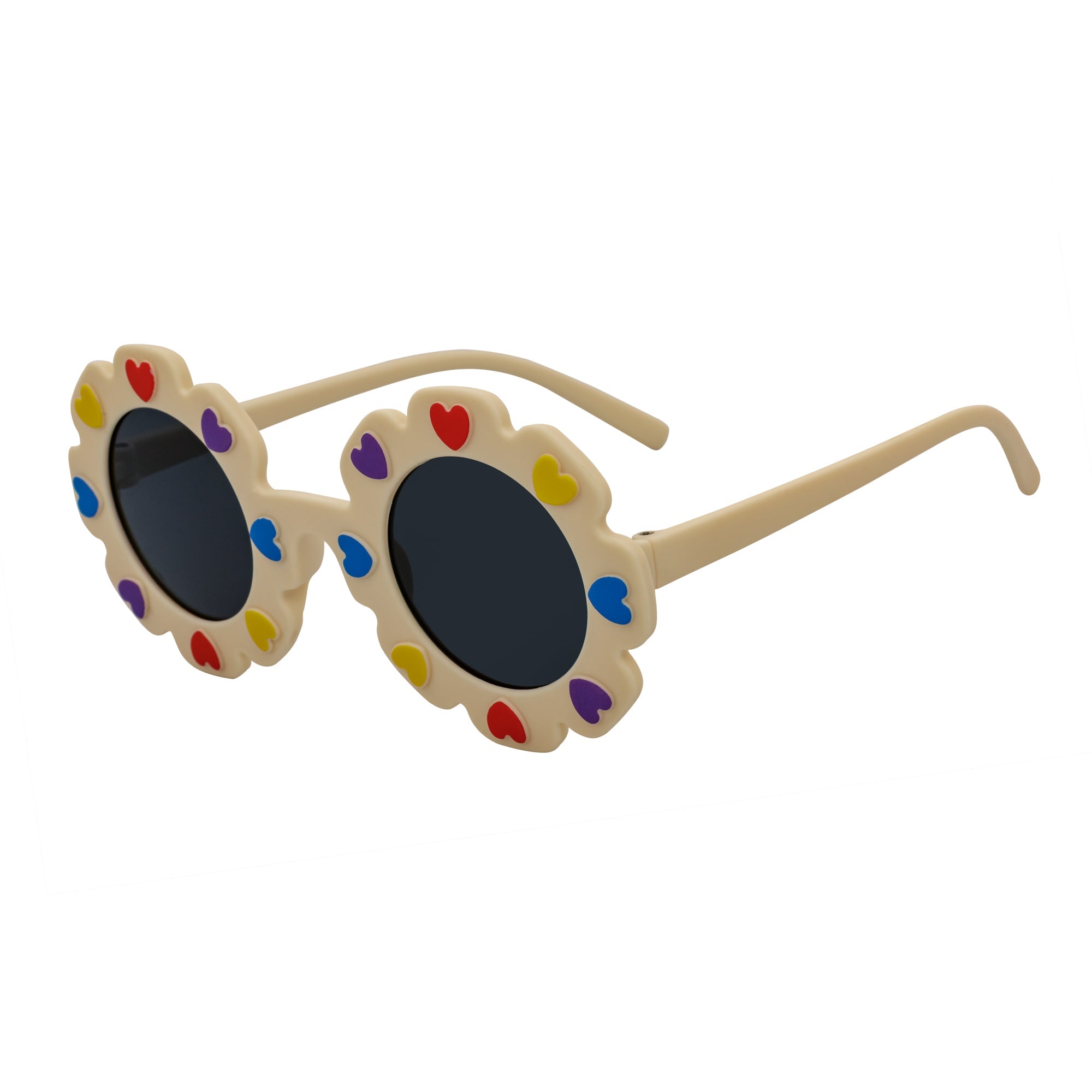 FLOWER HEARTS - Kids Girls Small Round Heart Flower Sunglasses Beige Smoke