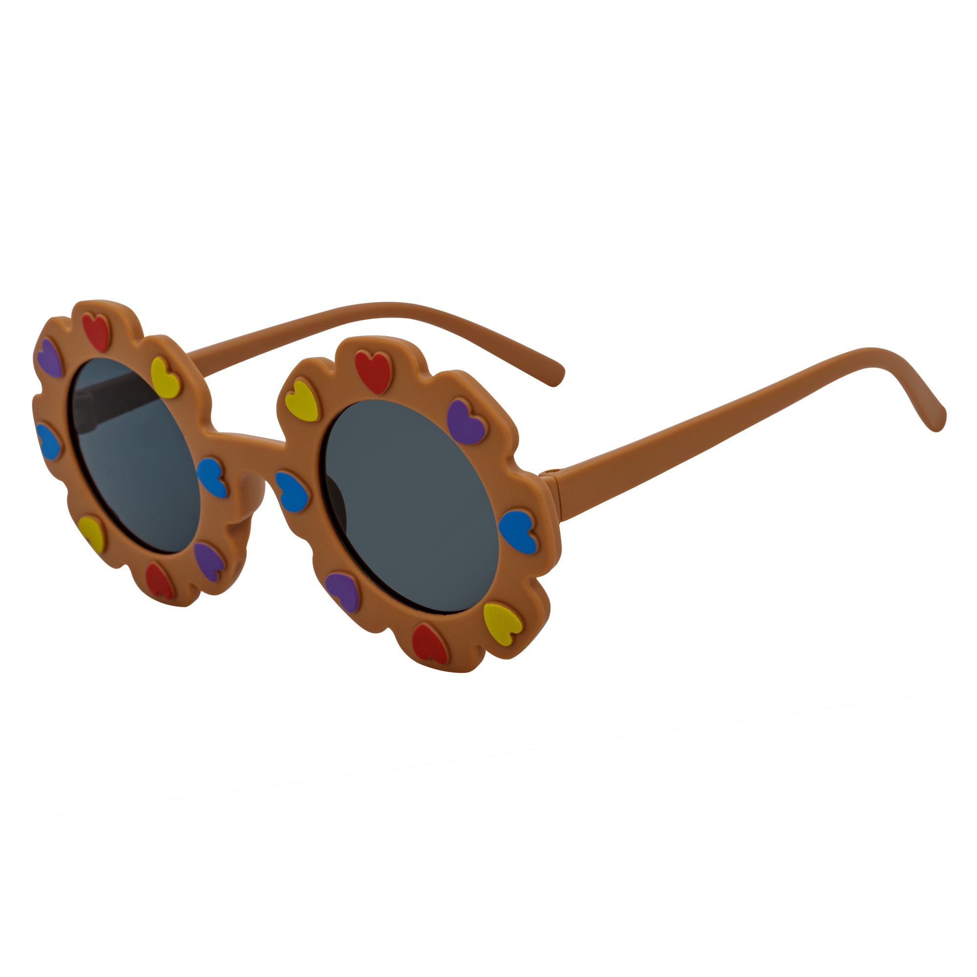 FLOWER HEARTS - Kids Girls Small Round Heart Flower Sunglasses Brown Smoke