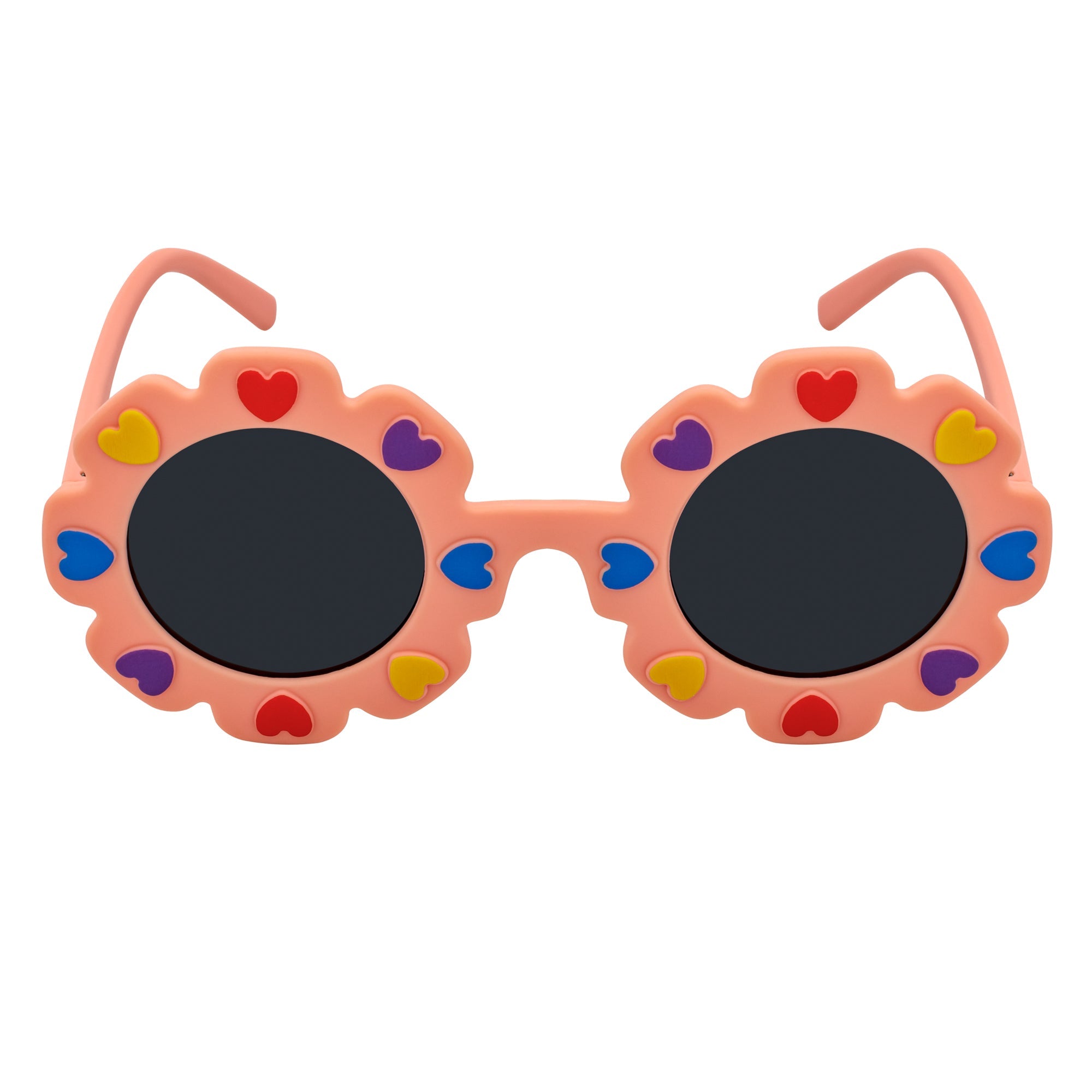FLOWER HEARTS - Kids Girls Small Round Heart Flower Sunglasses Pink Smoke