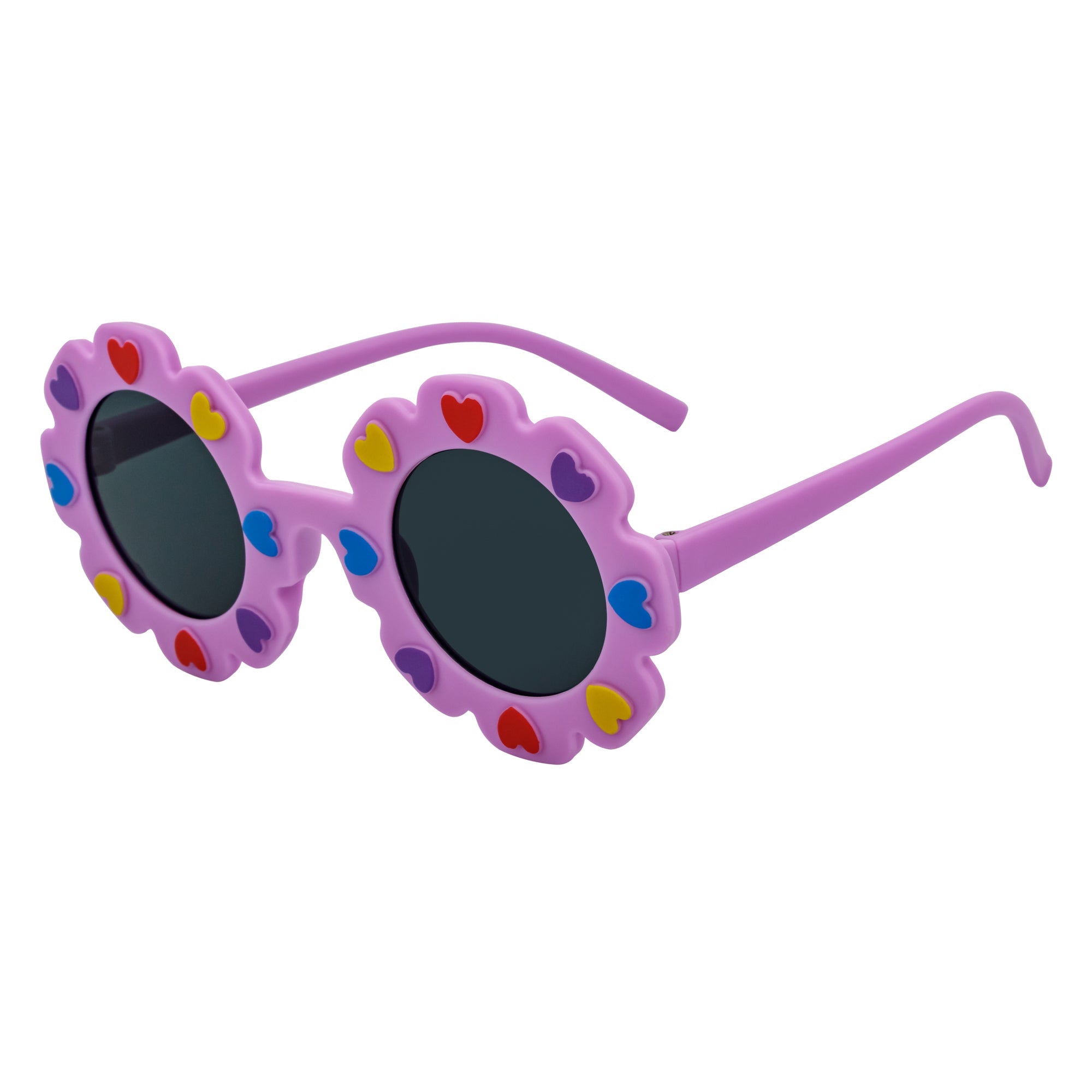 FLOWER HEARTS - Kids Girls Small Round Heart Flower Sunglasses Purple Smoke