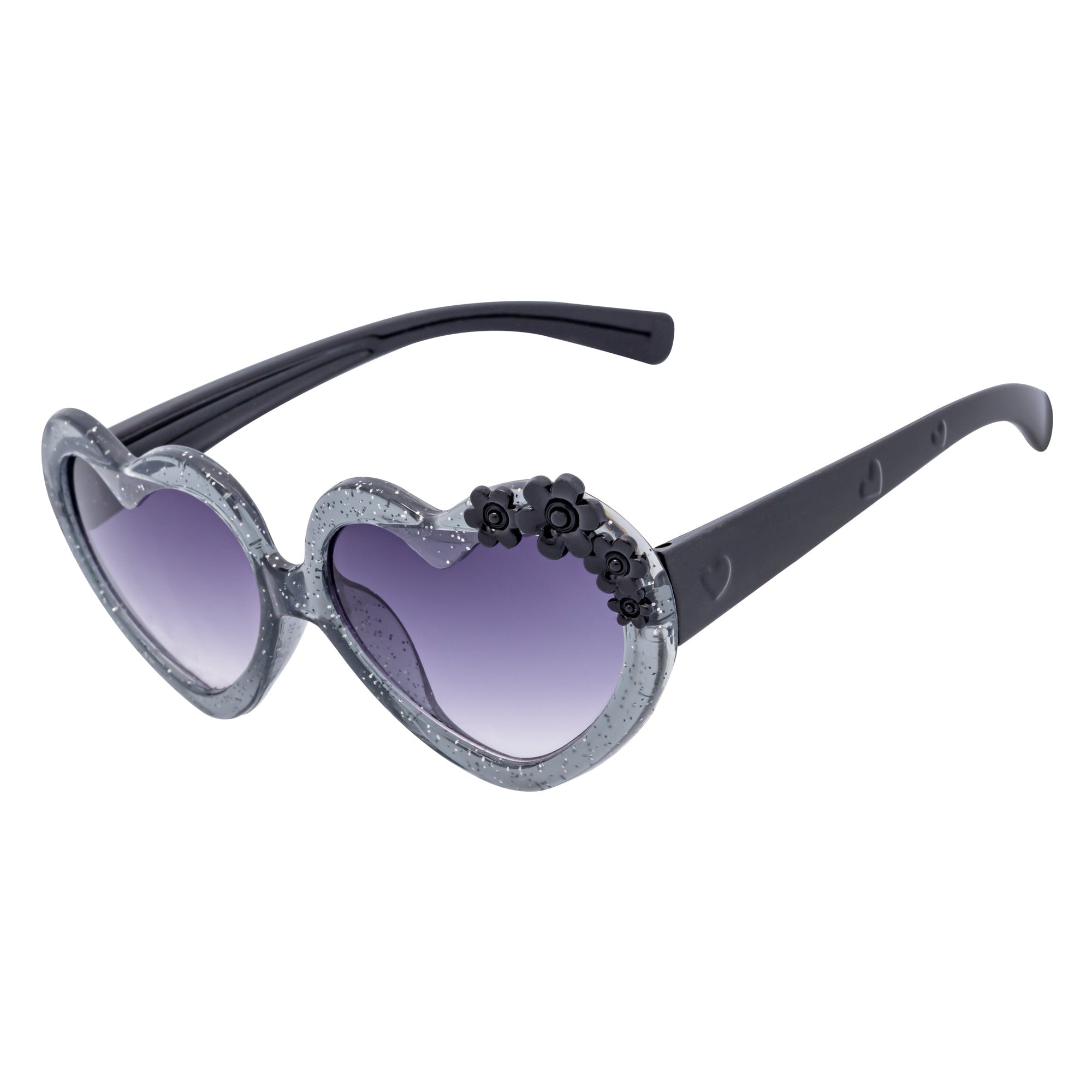 GLITTER HEART - Kids Small Glitter Heart Shaped Sunglasses Gray Lavender