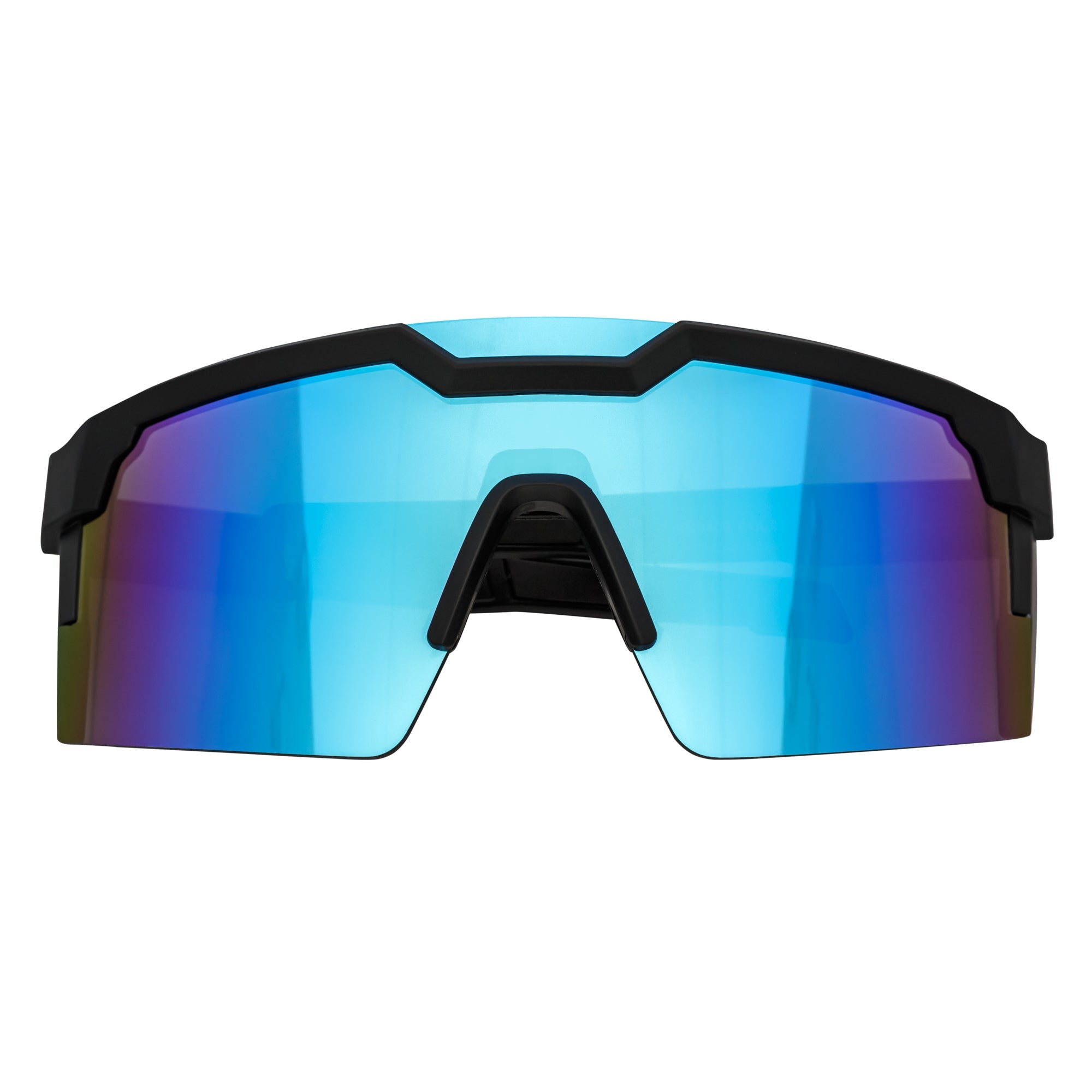 HITECH - Futuristic Rimless Shield Sunglasses Black - White Blue Mirror