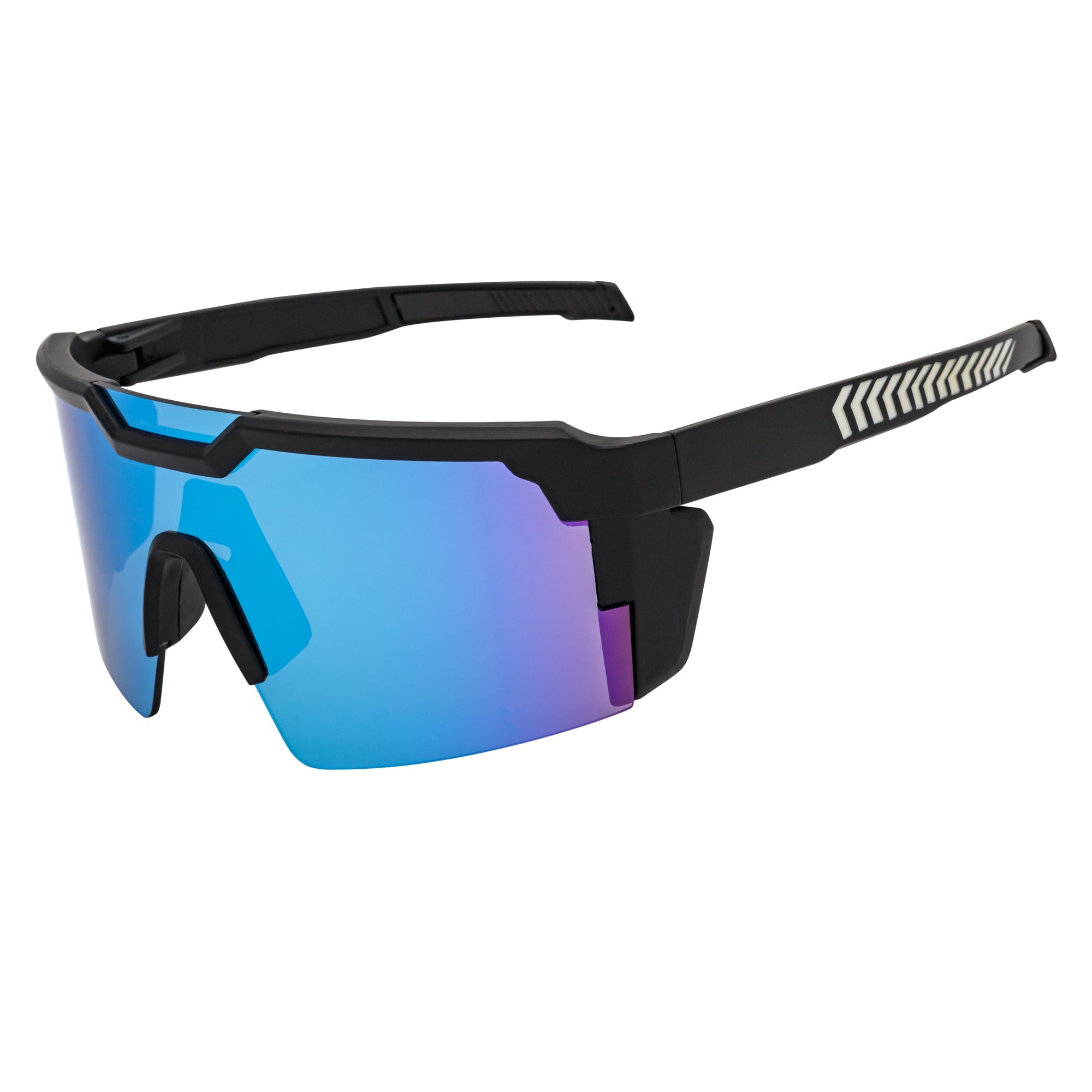 HITECH - Futuristic Rimless Shield Sunglasses Black - White Blue Mirror