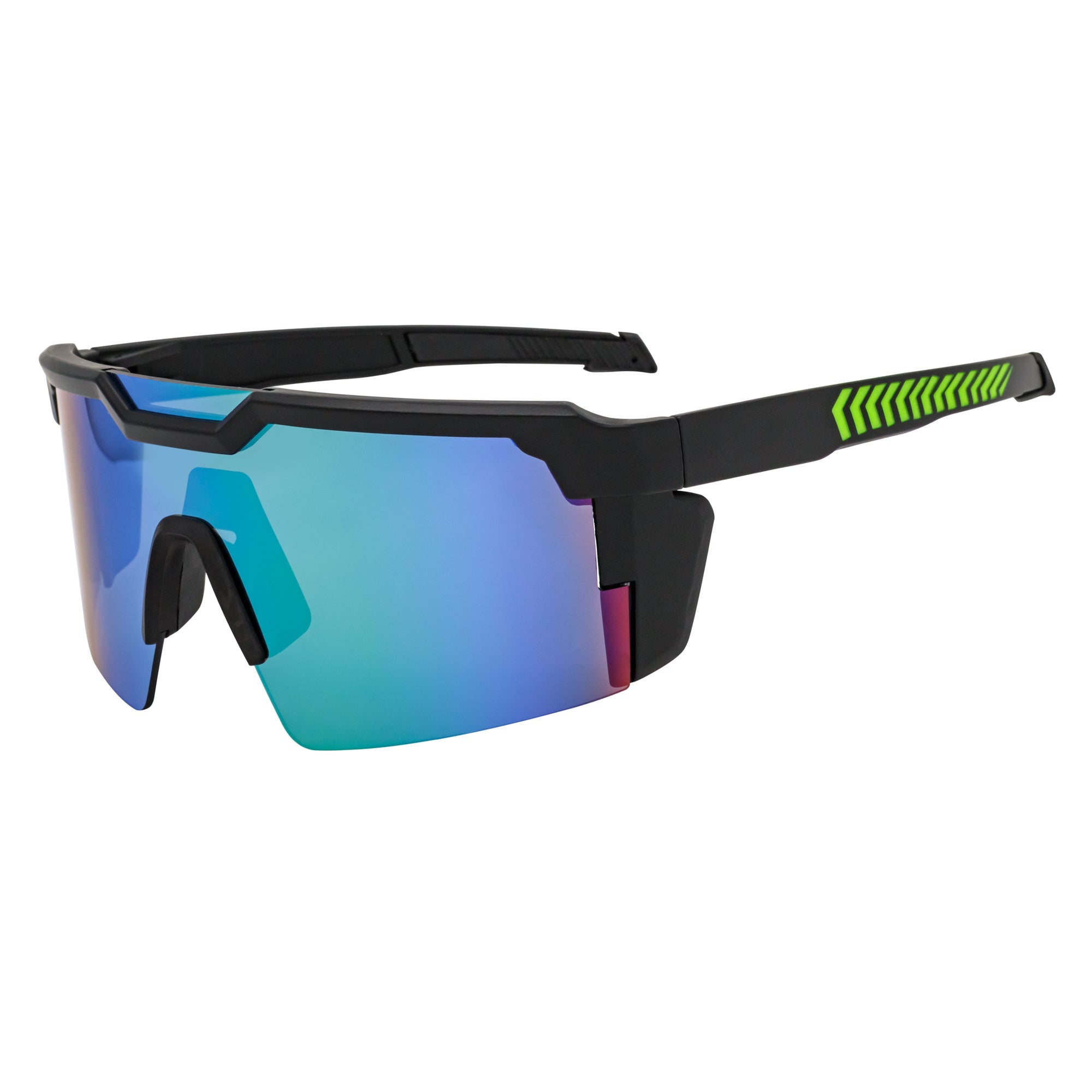 HITECH - Large Futuristic Rimless Shield Sunglasses Black Green Mirror