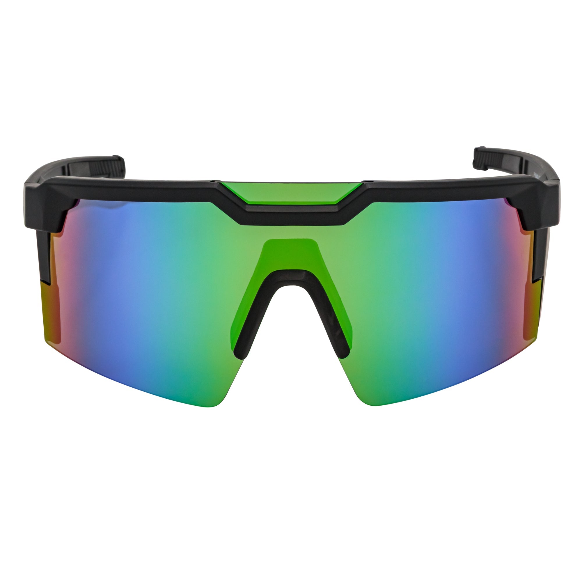 HITECH - Large Futuristic Rimless Shield Sunglasses Black Green Mirror