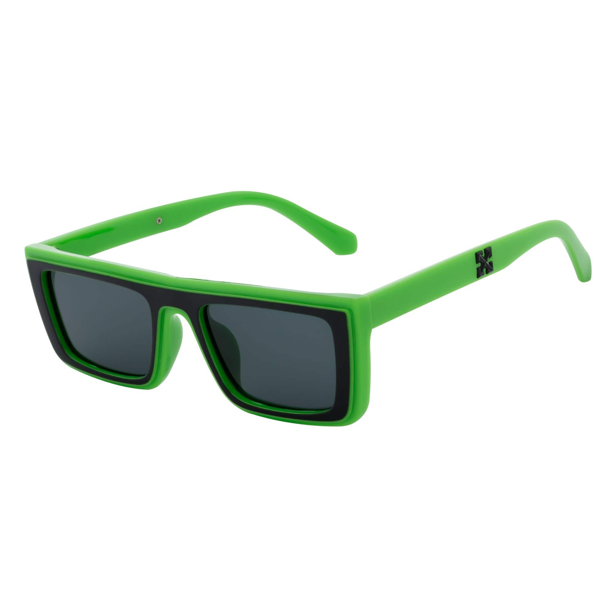 LOWKEY - Small Flat Top Rectangle Square Frame Sunglasses Green Smoke