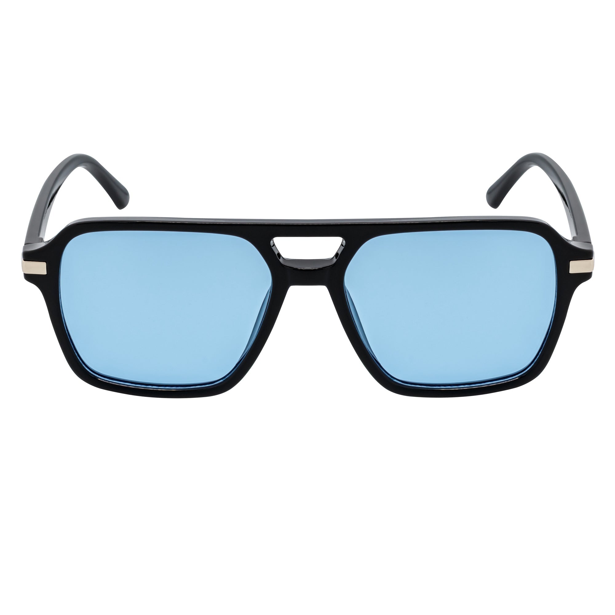 LUCCA - Classic Flat Top Square Aviator Black Sunglasses Blue Lens