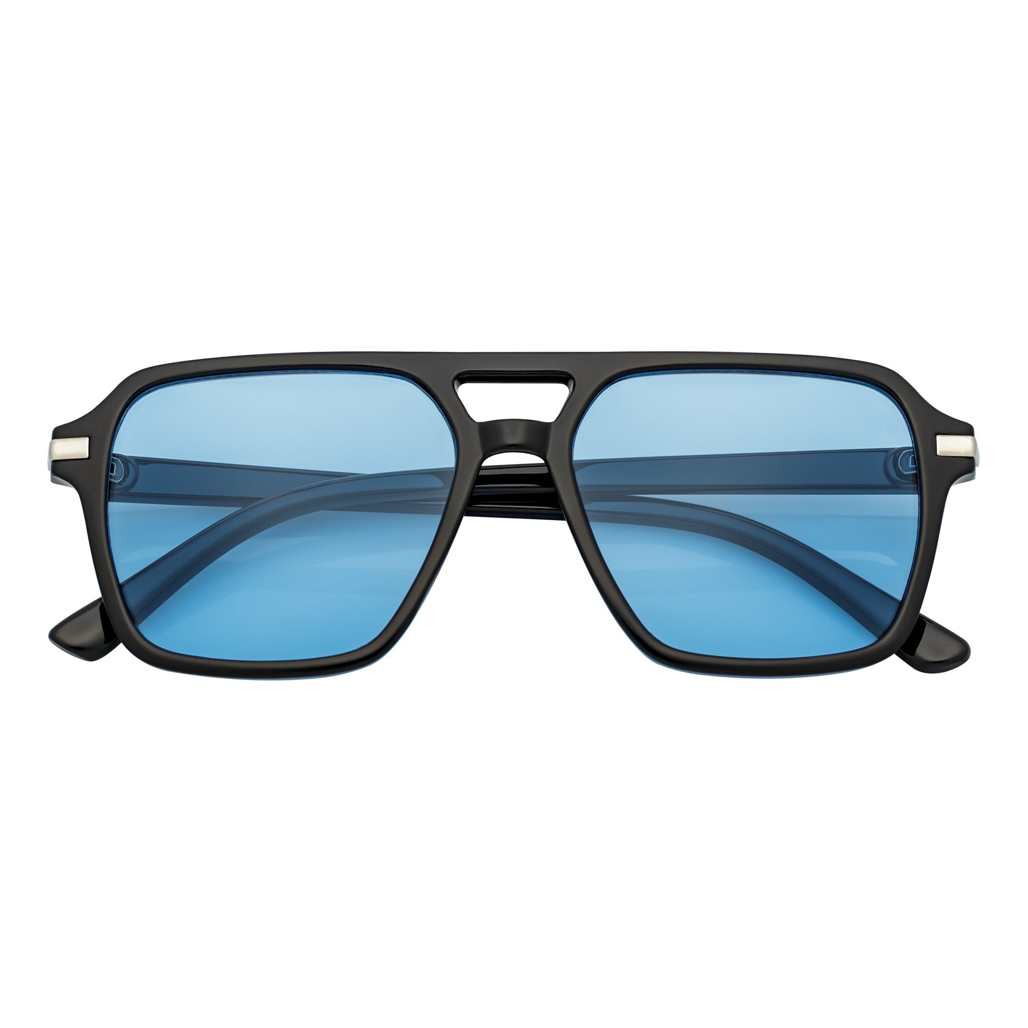 LUCCA - Classic Flat Top Square Aviator Black Sunglasses Blue Lens