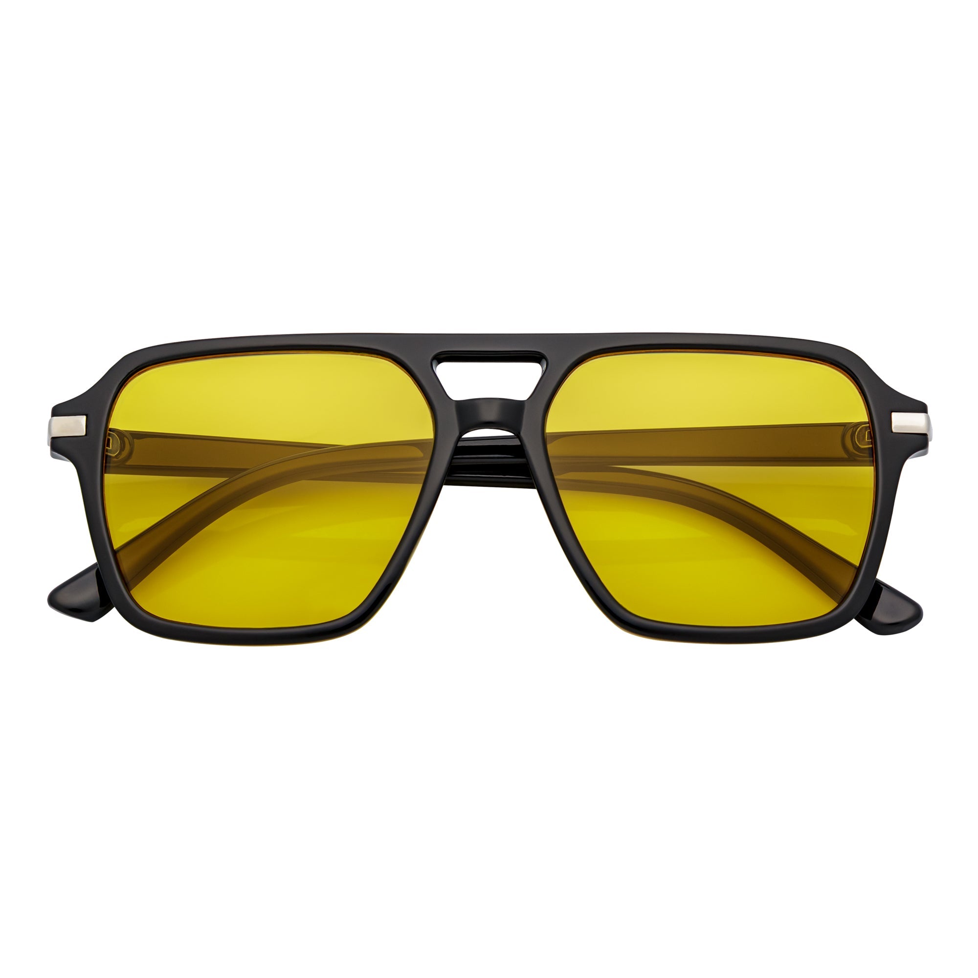 LUCCA - Classic Flat Top Square Aviator Black Sunglasses Yellow Lens