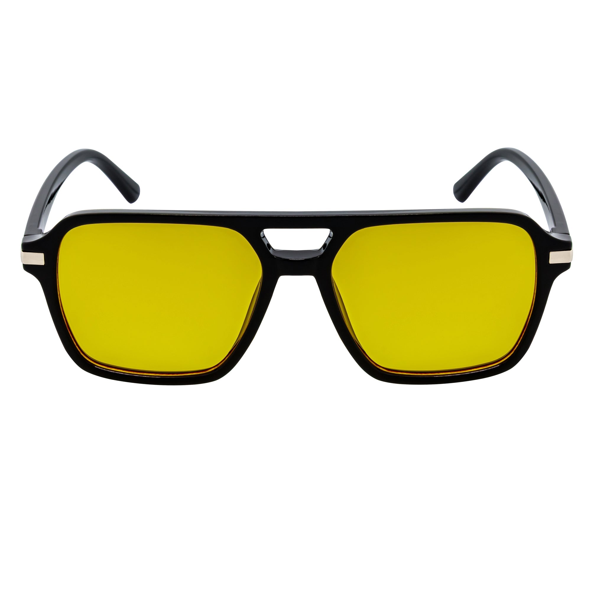 LUCCA - Classic Flat Top Square Aviator Black Sunglasses Yellow Lens