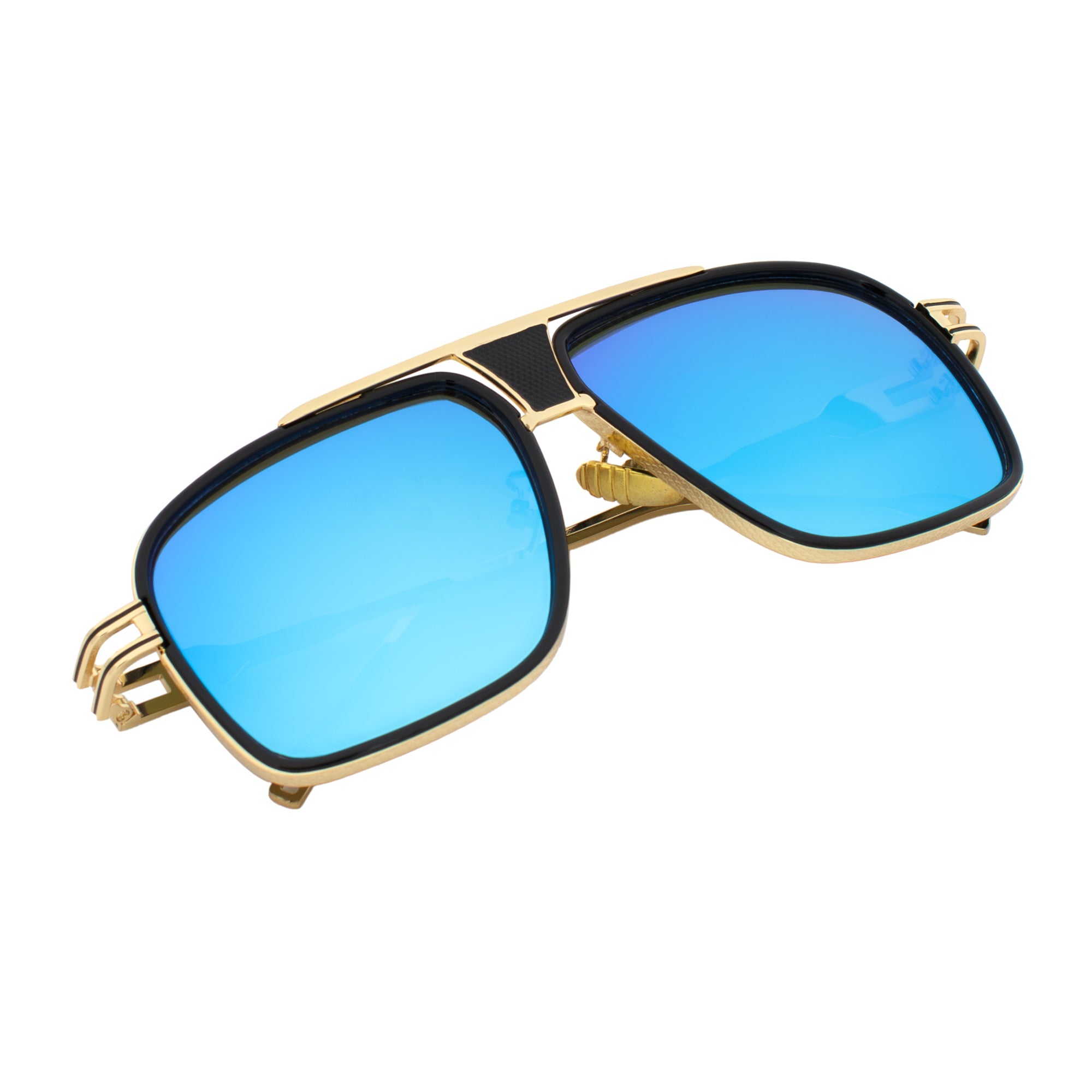MAC - Two - Tone Square Metal Aviator Black - Gold Sunglasses Blue Mirror Lens