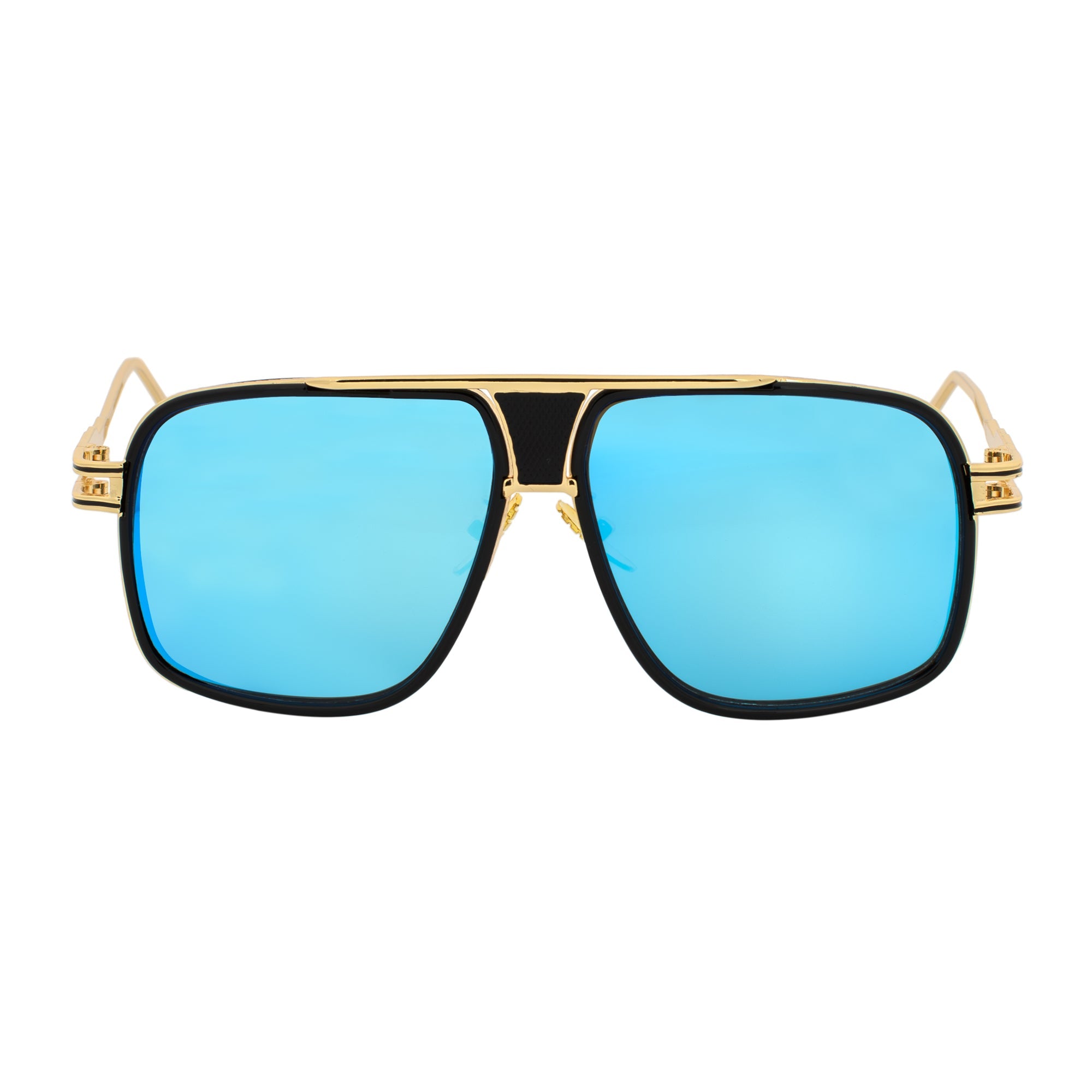 MAC - Two - Tone Square Metal Aviator Black - Gold Sunglasses Blue Mirror Lens