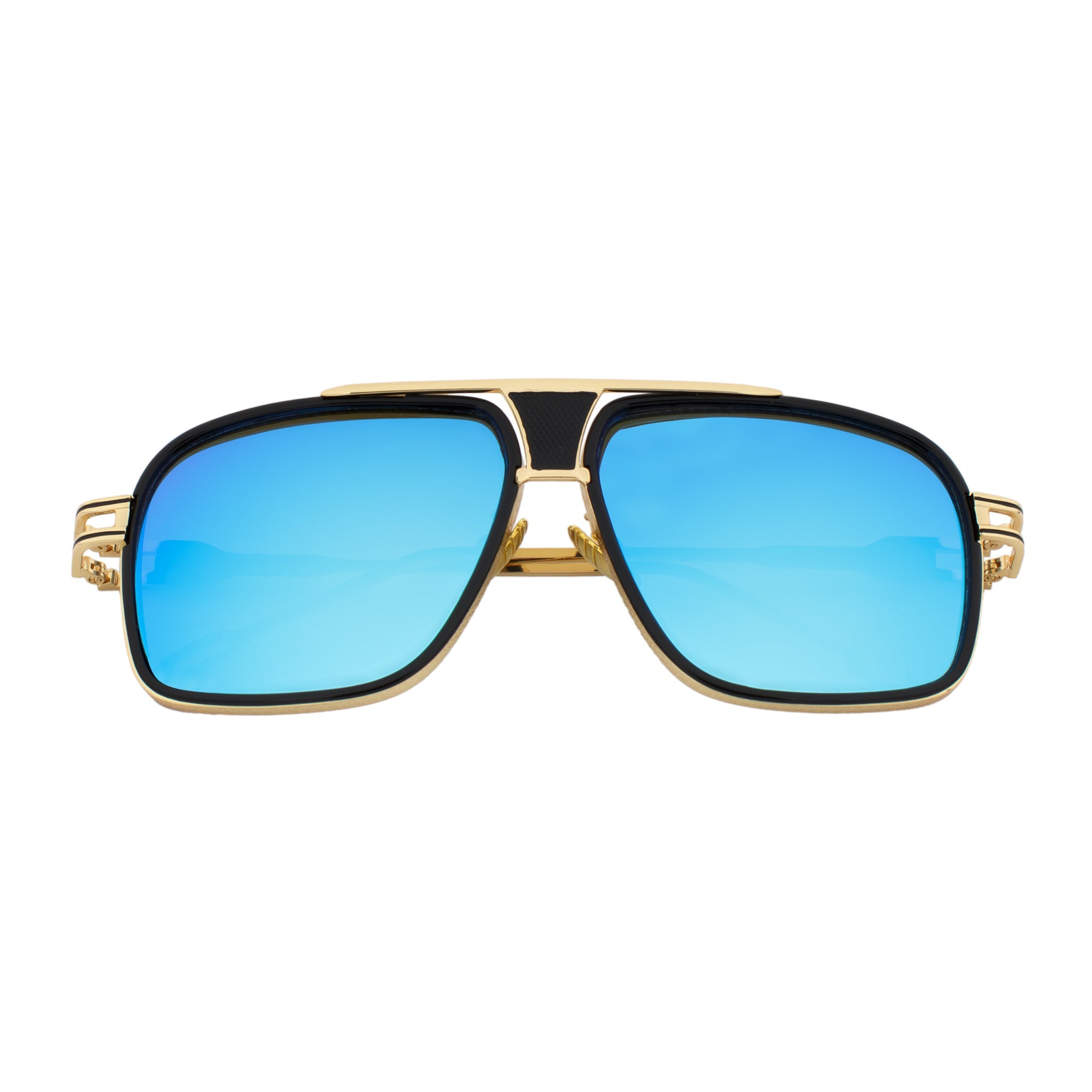 MAC - Two - Tone Square Metal Aviator Black - Gold Sunglasses Blue Mirror Lens