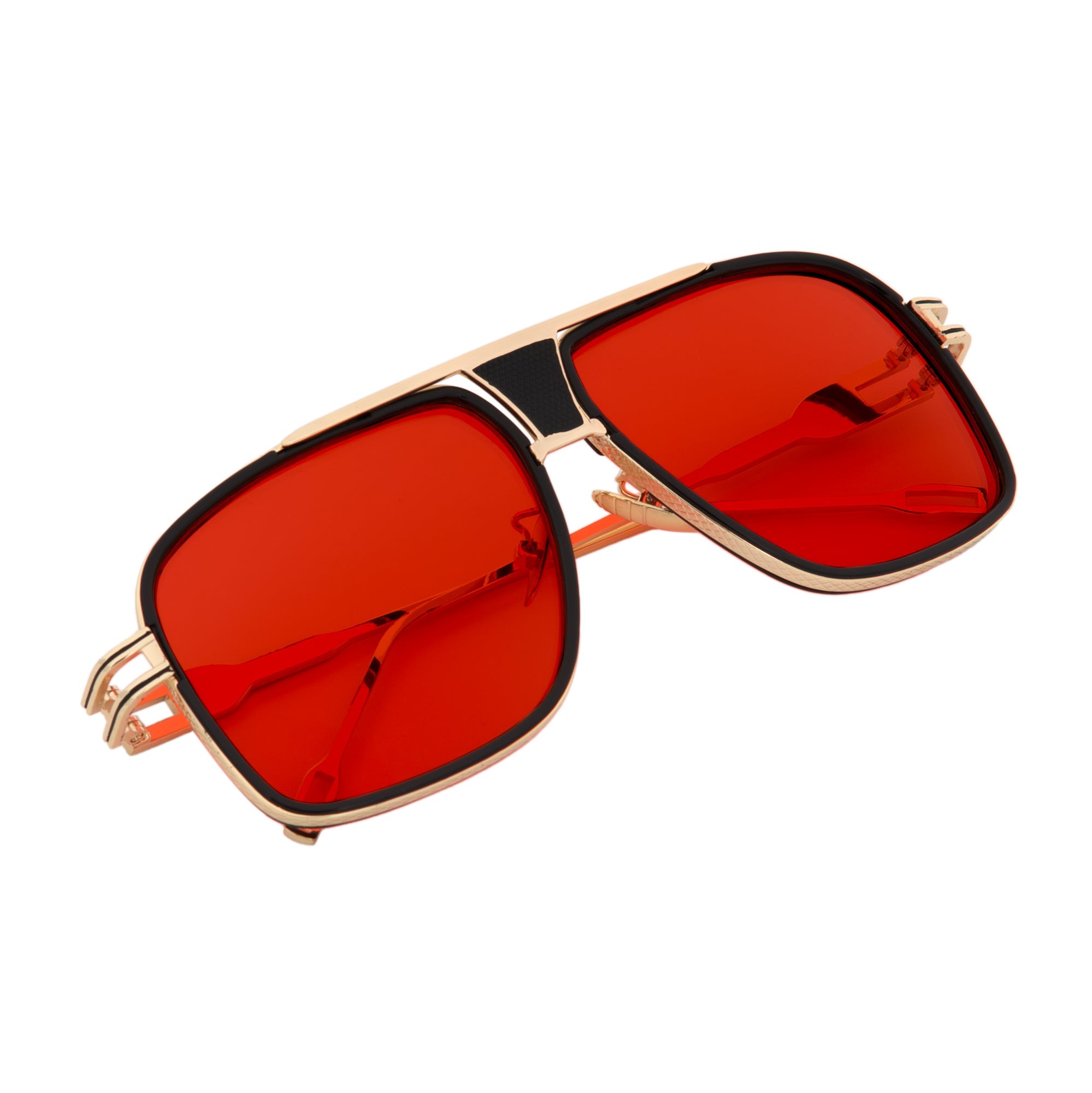 MAC - Two - Tone Square Metal Aviator Black - Gold Sunglasses Red Lens