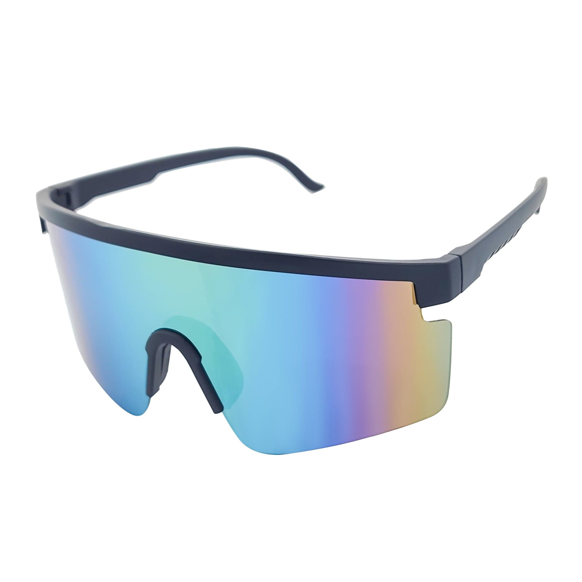 MONOLITH - X - Large Rimless Sports Shield Sunglasses Matte Black Rainbow Mirror
