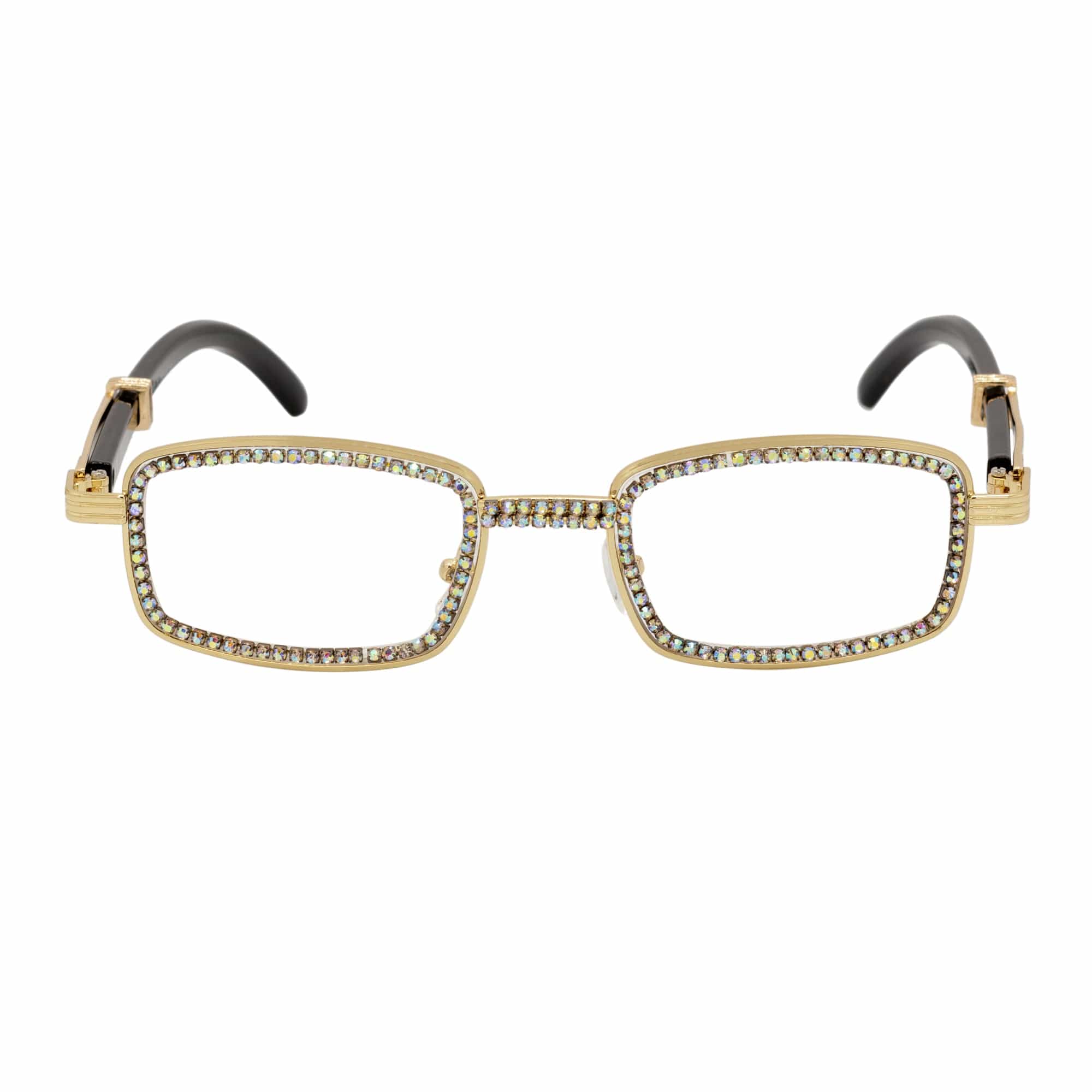 BLING TWO - Rhinestone Retro 90s Metal Rectangle Glasses Gold Clear Lens