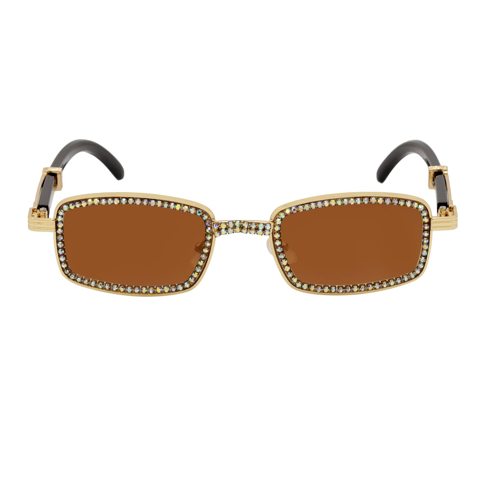 BLING TWO - Rhinestone Retro 90s Metal Rectangle Sunglasses Gold Amber