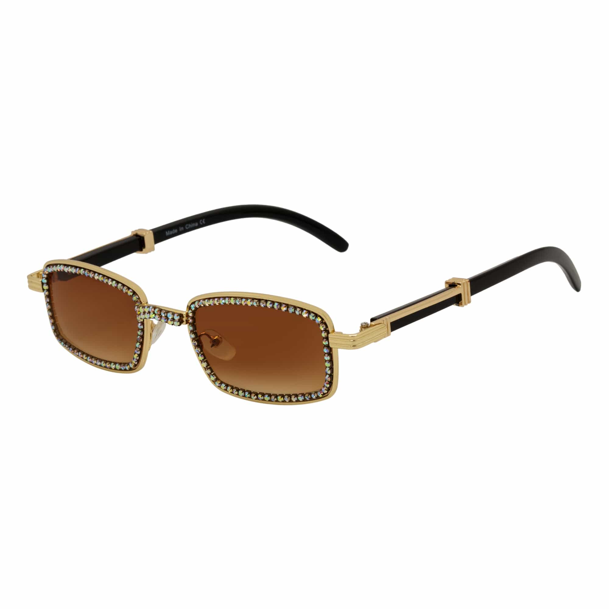 BLING TWO - Rhinestone Retro 90s Metal Rectangle Sunglasses Gold Amber