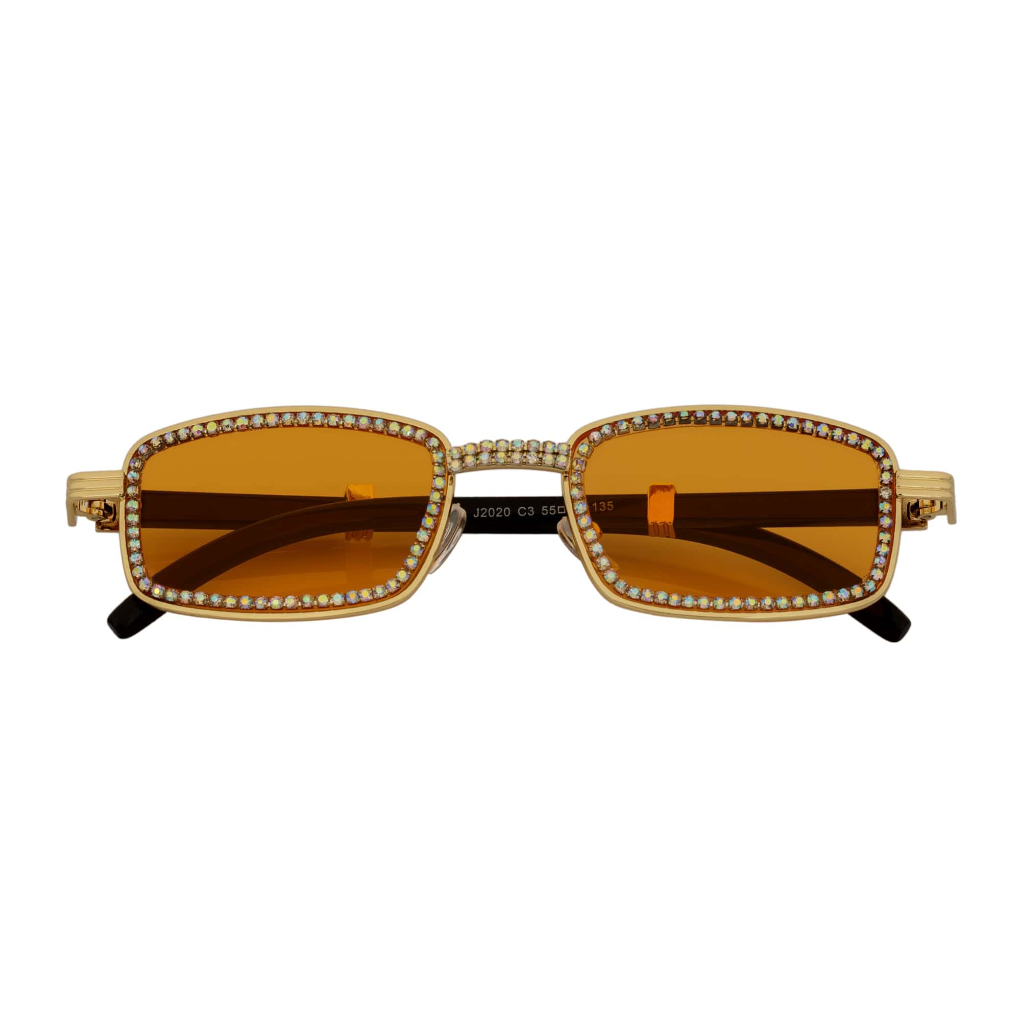 BLING TWO - Rhinestone Retro 90s Metal Rectangle Sunglasses Gold Orange Lens