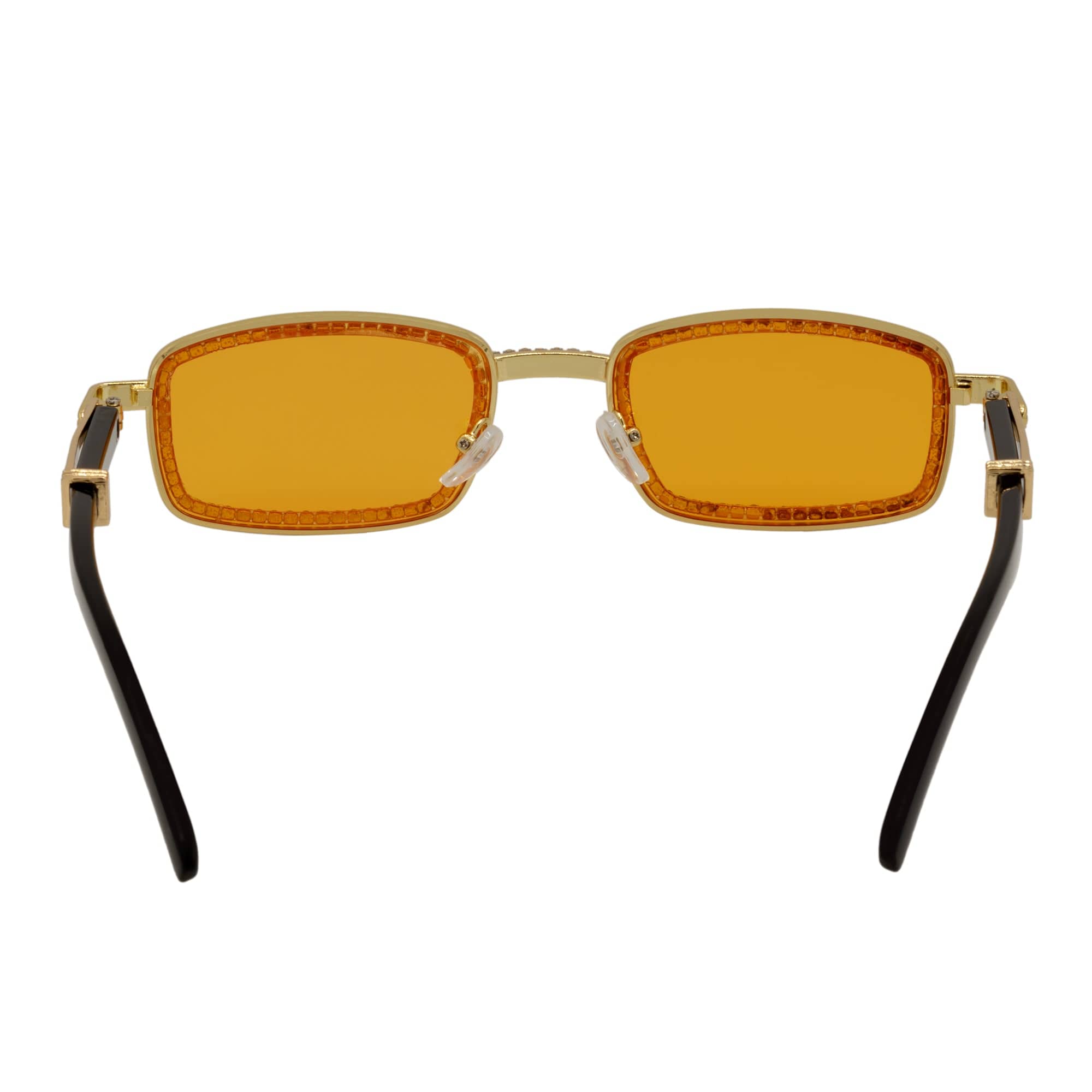 BLING TWO - Rhinestone Retro 90s Metal Rectangle Sunglasses Gold Orange Lens