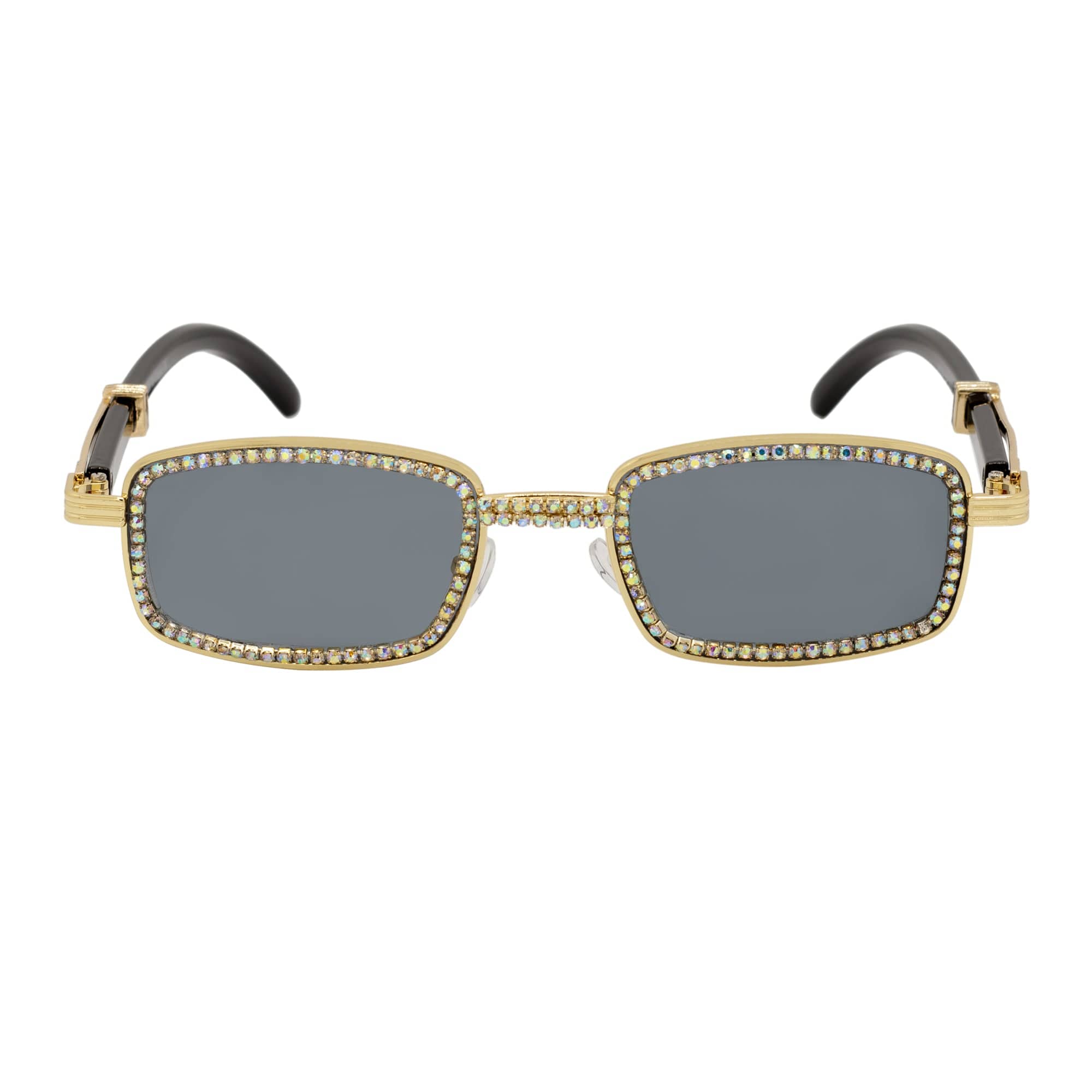 BLING TWO - Rhinestone Retro 90s Metal Rectangle Sunglasses Gold Smoke