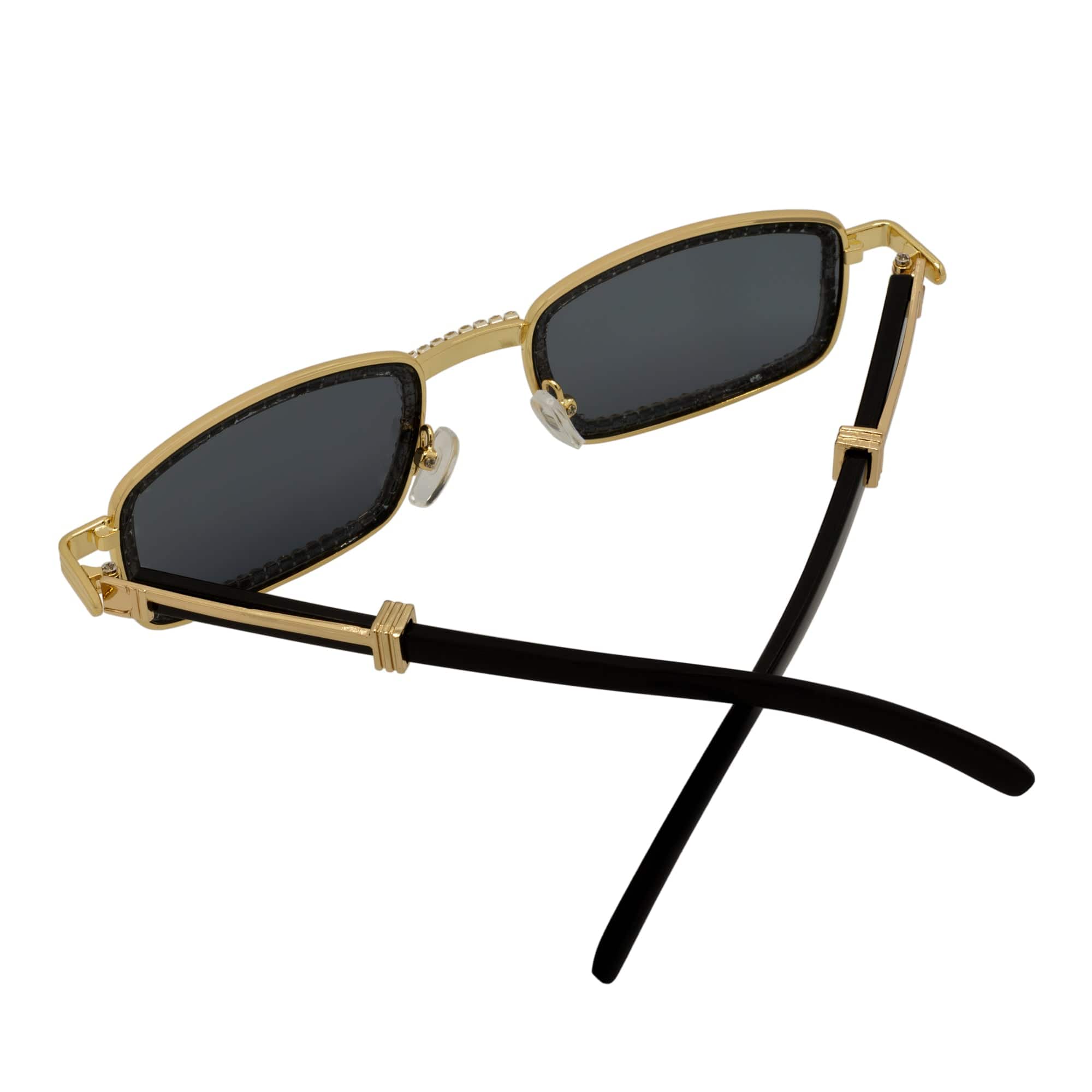 BLING TWO - Rhinestone Retro 90s Metal Rectangle Sunglasses Gold Smoke