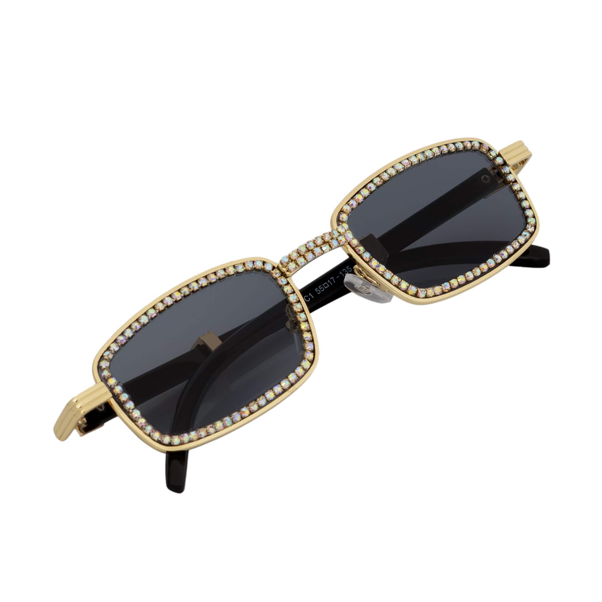 BLING TWO - Rhinestone Retro 90s Metal Rectangle Sunglasses Gold Smoke