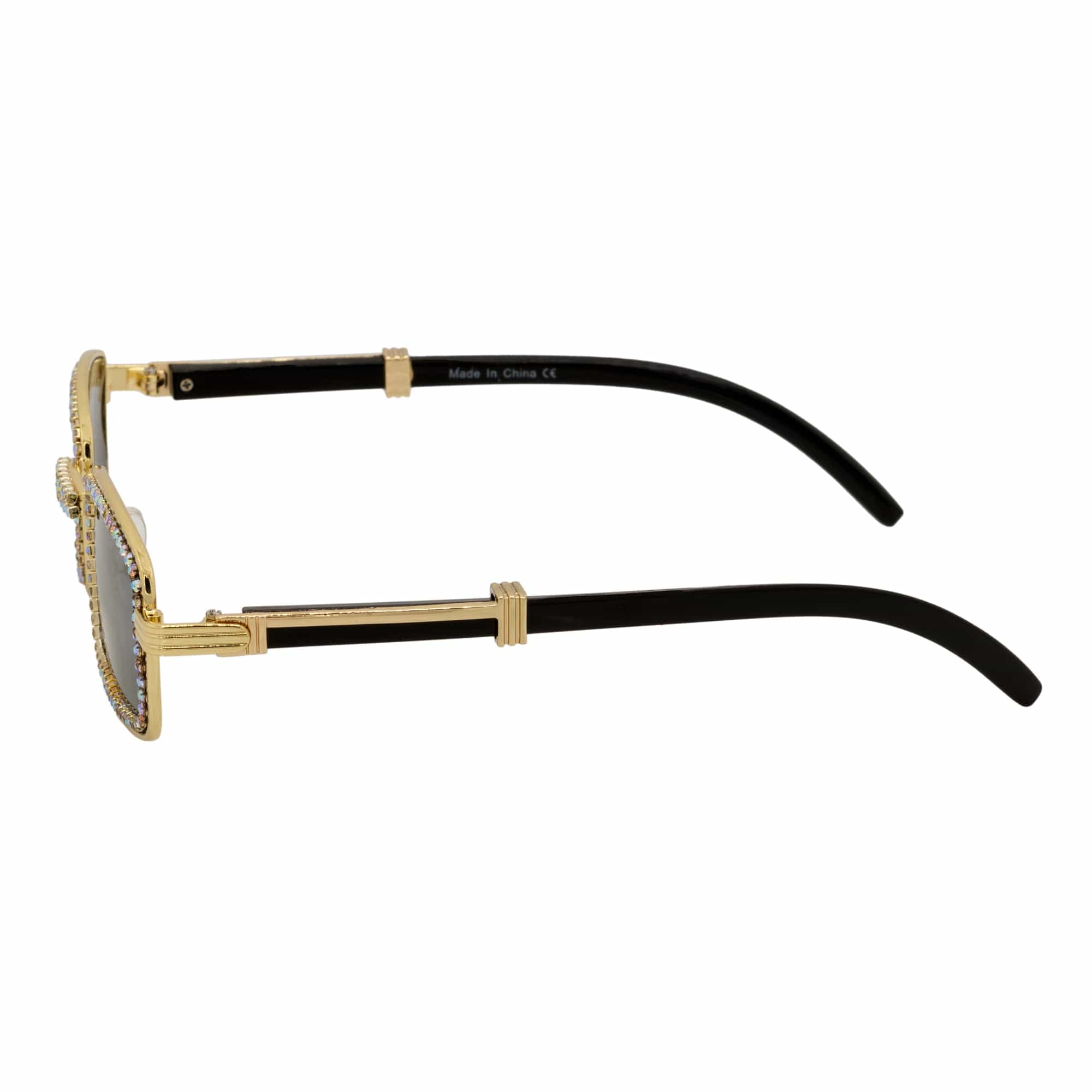 BLING TWO - Rhinestone Retro 90s Metal Rectangle Sunglasses Gold Smoke