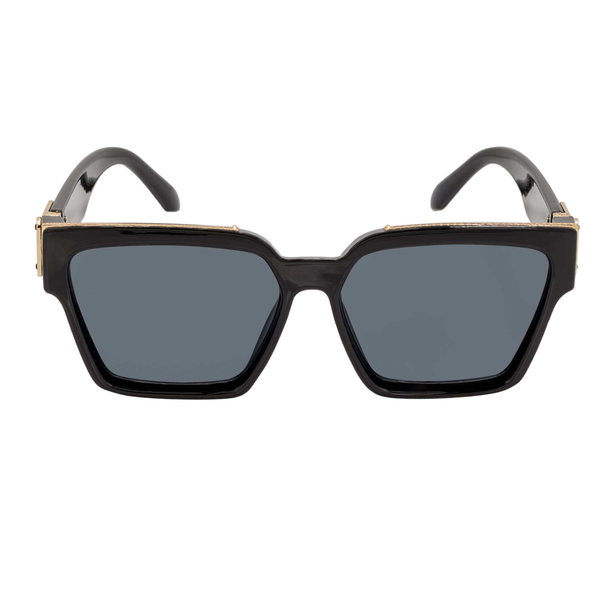 GUAP - High Fashion Metal Accent Square Sunglasses Gloss Black - Gold Smoke Tint