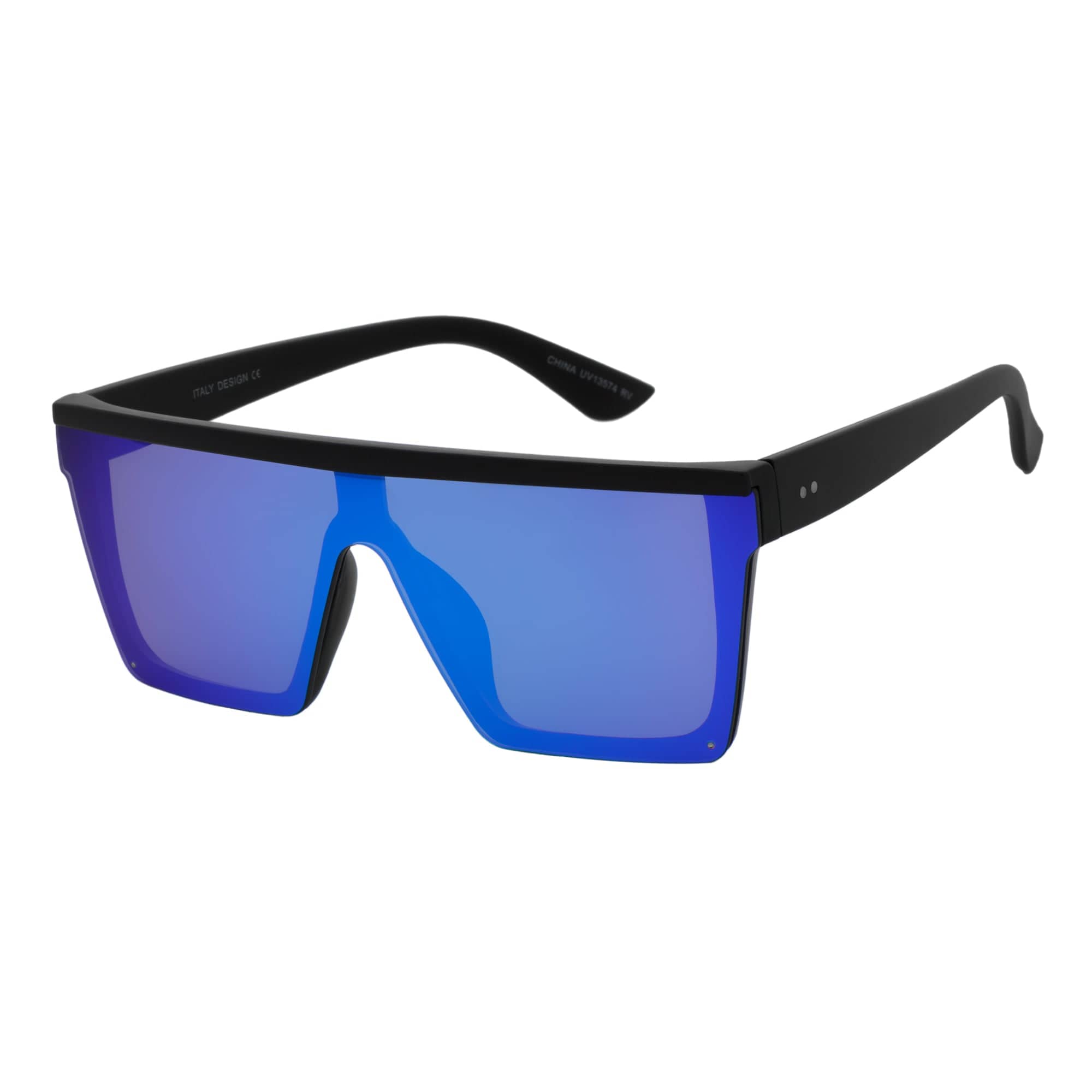 LAZER - Modern Flat Top Rectangle Sunglasses Soft Matte Black Blue Mirror