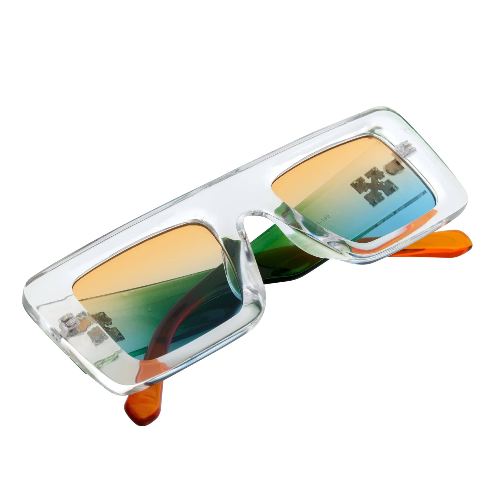 OFFSET - Two - Tone 90s Retro Thick Rectangle Sunglasses Clear - Green Amber Blue